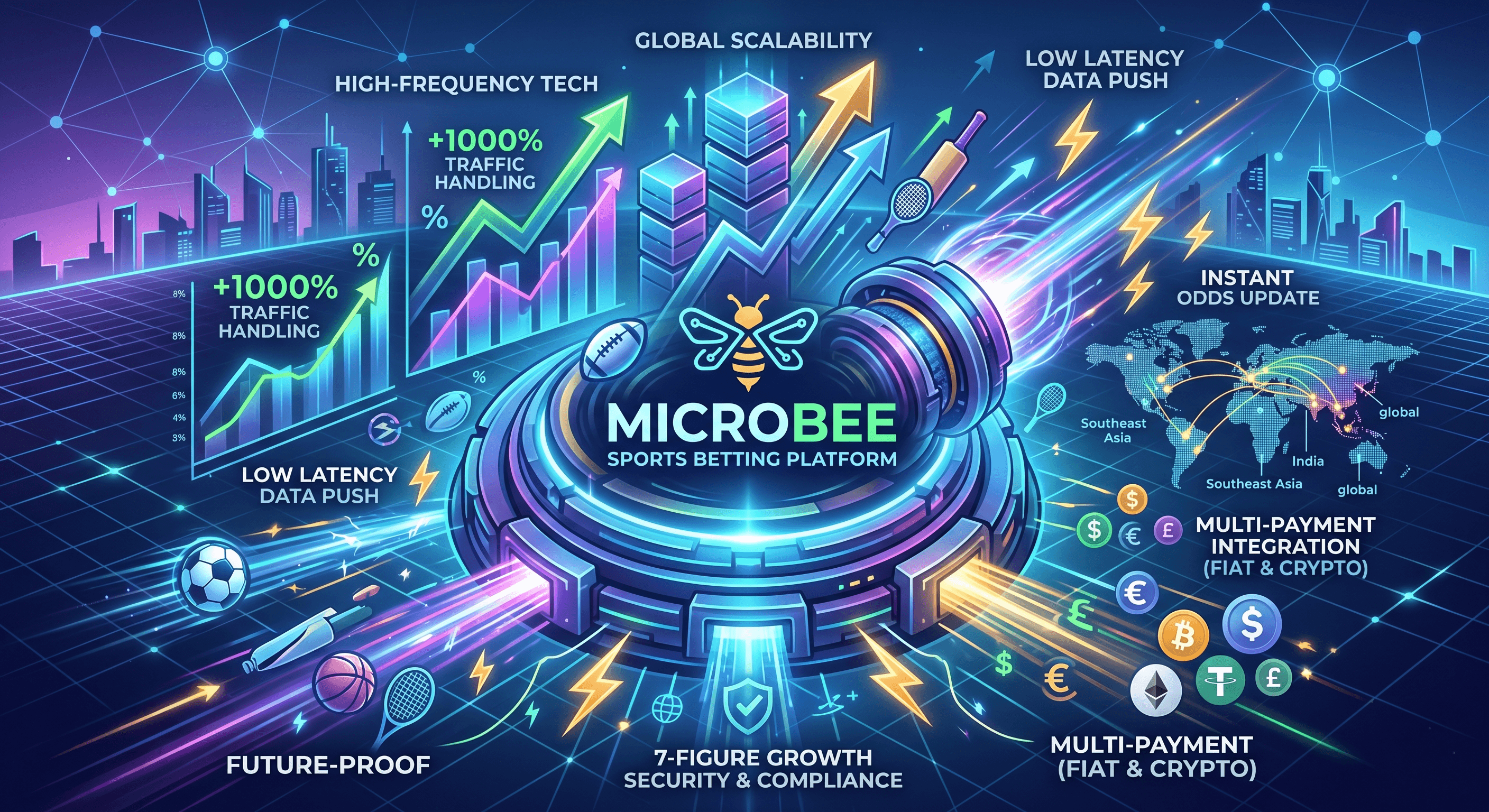 Futuristic neural network with AI nodes, 5G signal waves, and blockchain links representing emerging iGaming platform technology trends for 2026