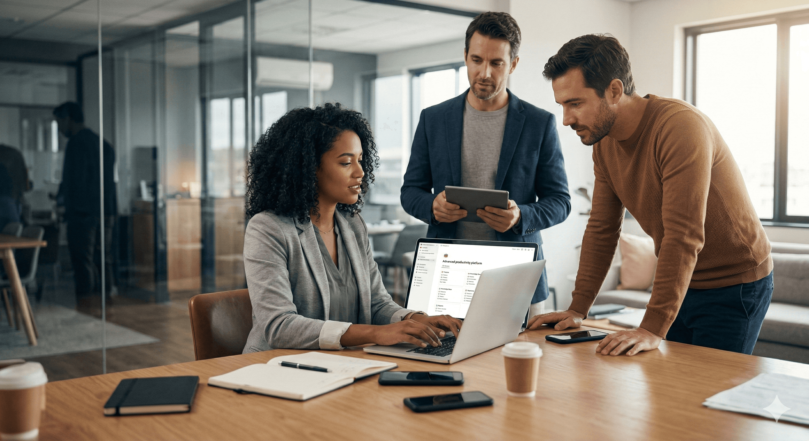 A group of people collaborate in a modern office with laptops, tablets, and coffee cups on a wooden conference table, illustrating a dynamic work environment; this setting reflects OpenAI’s London expansion and its impact on the UK research hub.