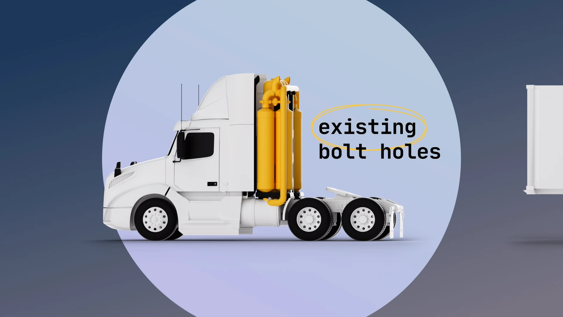 Side view of a semi truck with highlighted existing bolt holes for equipment mounting