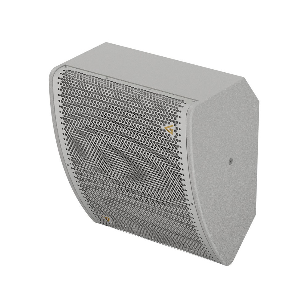 Gray speaker with honeycomb grille and yellow logo.