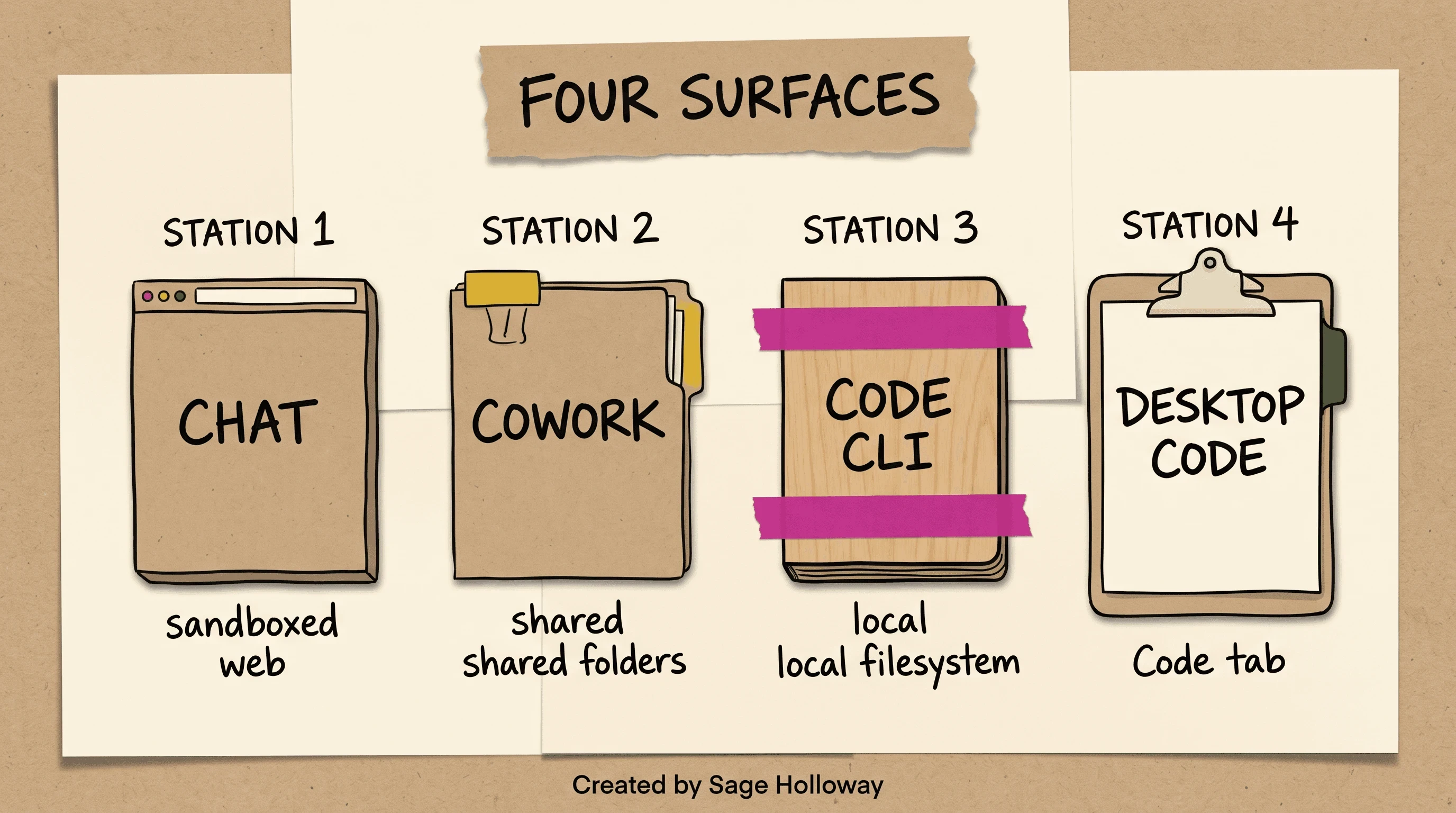 Diagram of Claude Chat, Cowork, Code CLI, and Desktop Code tab as four marketing surfaces