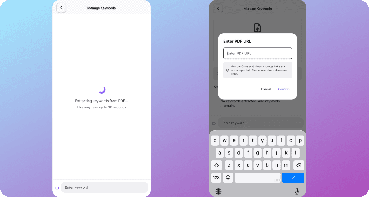 “Extracting keywords from PDF…” loading state, and the Enter PDF URL modal with a note about using direct download links.