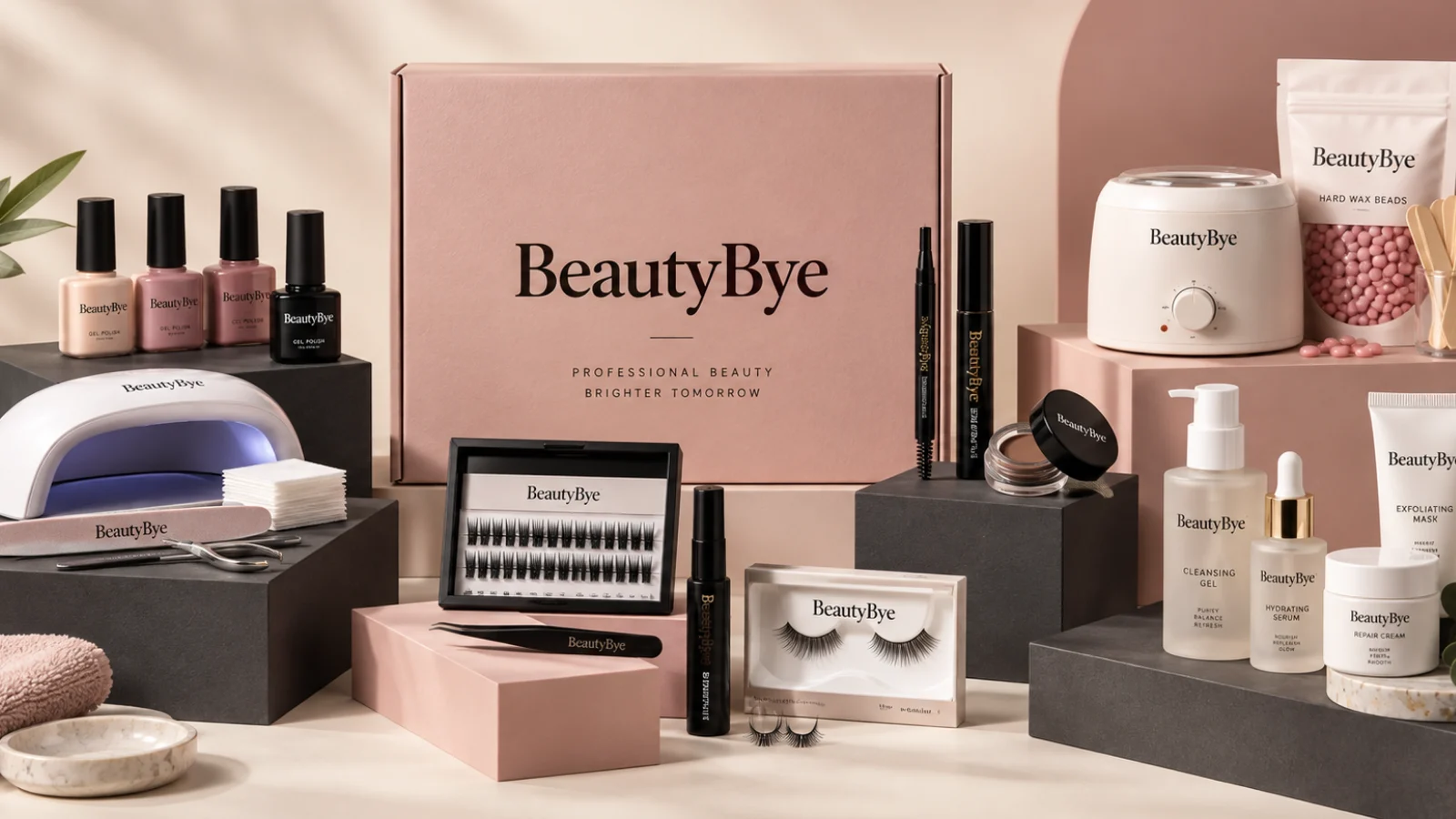 Mixed BeautyBye professional nail, lash, waxing and skincare stock in a premium studio set