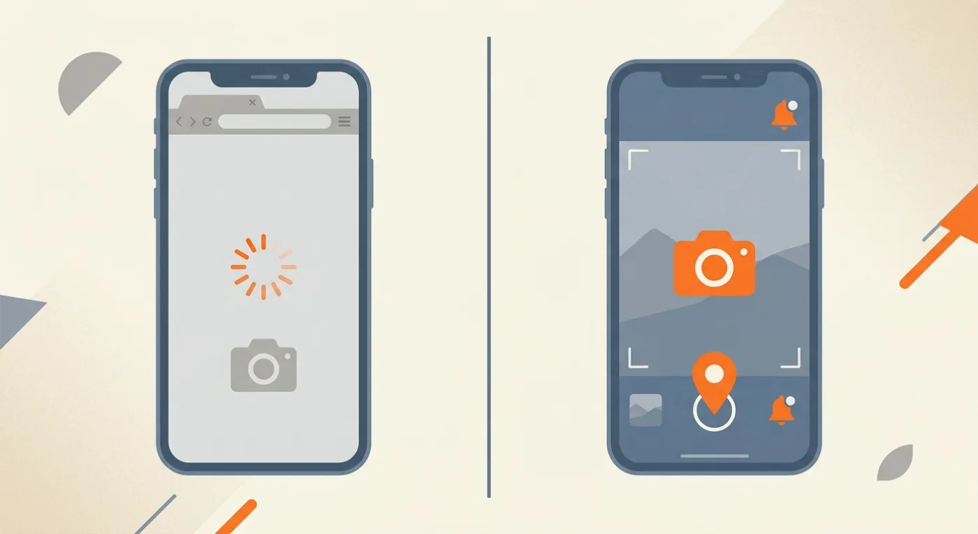 Comparison illustration showing a mobile website limited on a jobsite versus a native app with camera, GPS, and push notifications