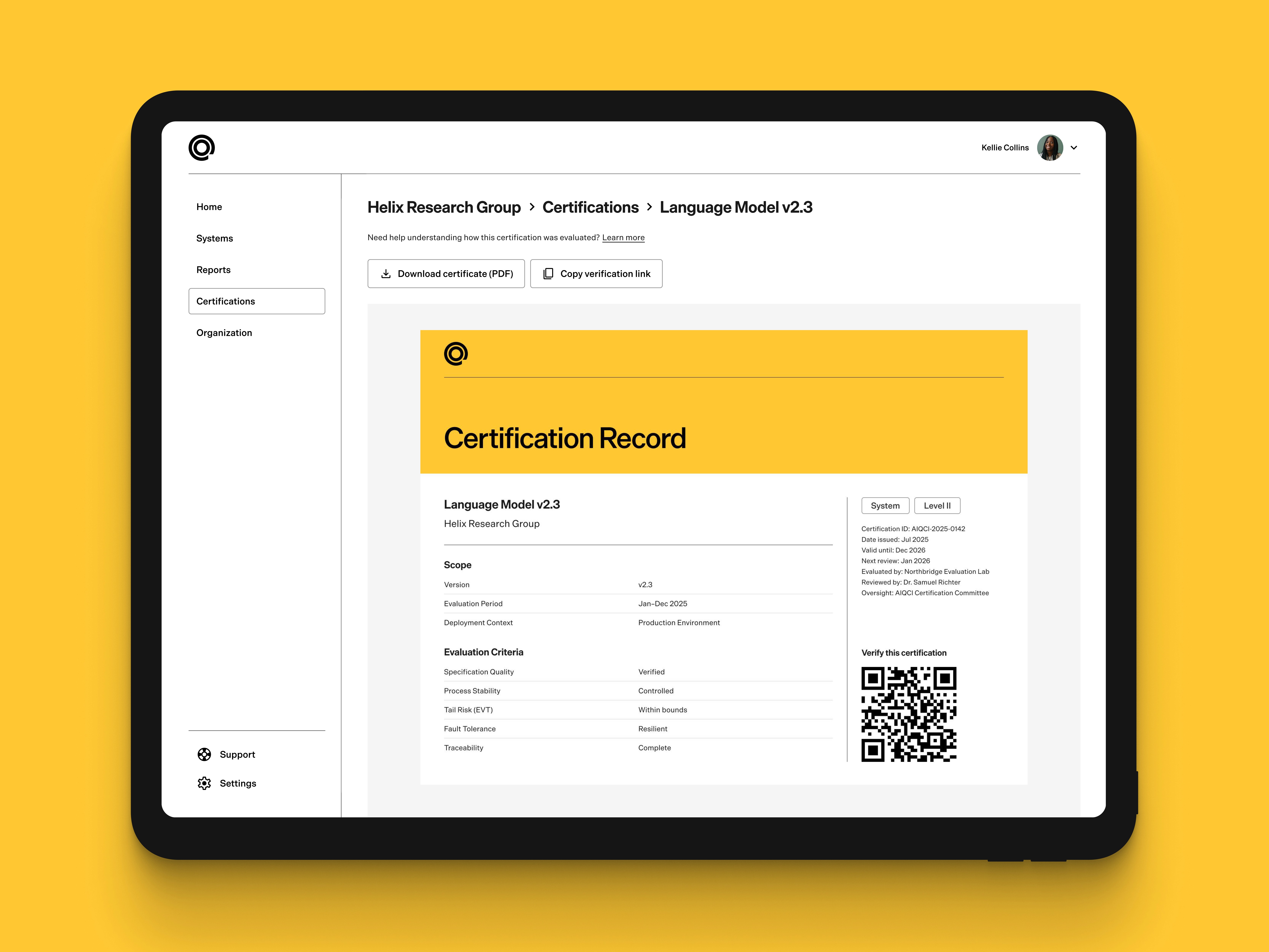 AIQCI certification record documenting system scope, evaluation criteria, certification status, and validation details.