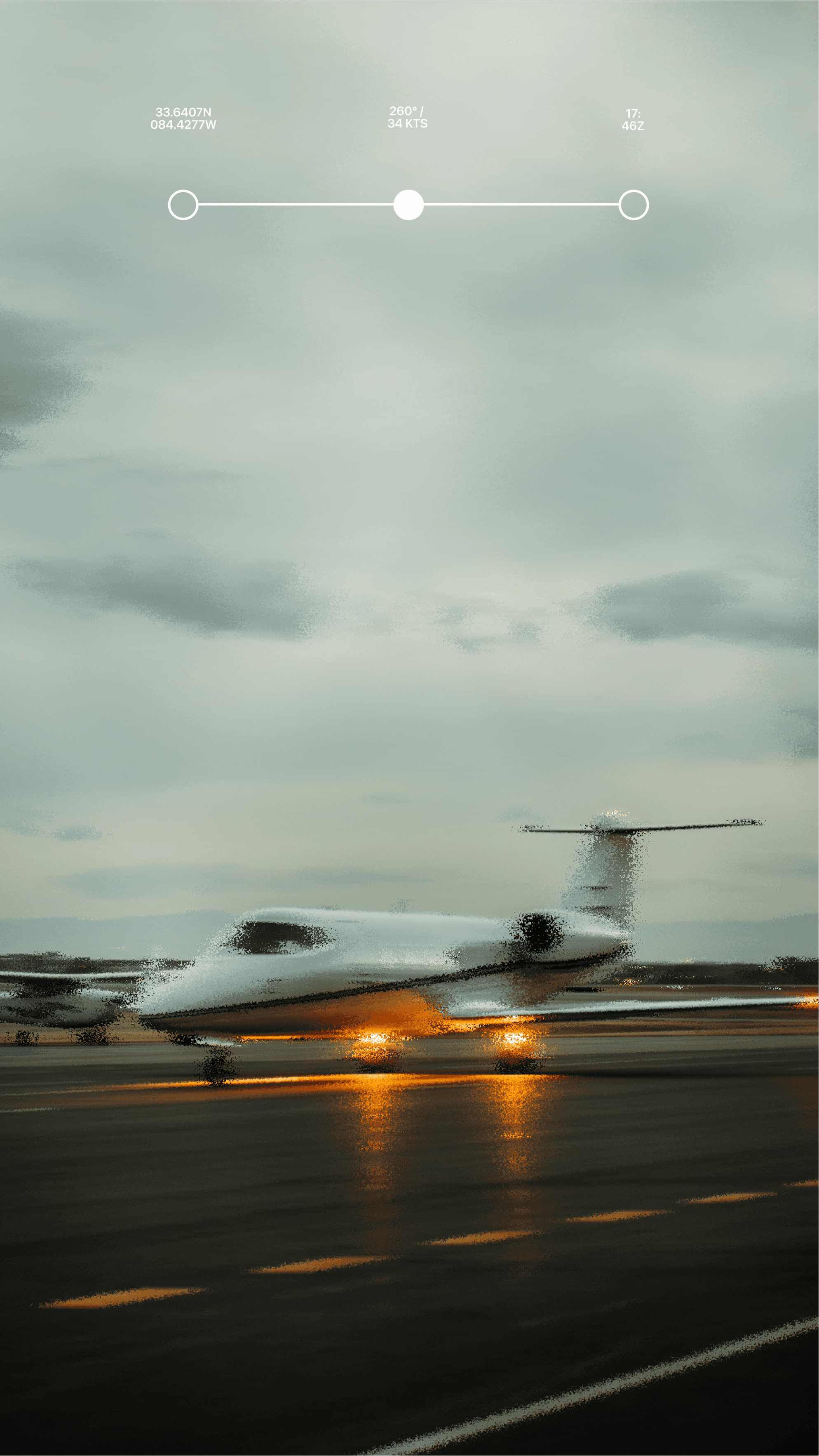 A sleek, white private jet is parked on a wet runway reflecting ambient lighting at dusk, with a muted, cloudy sky in the background.