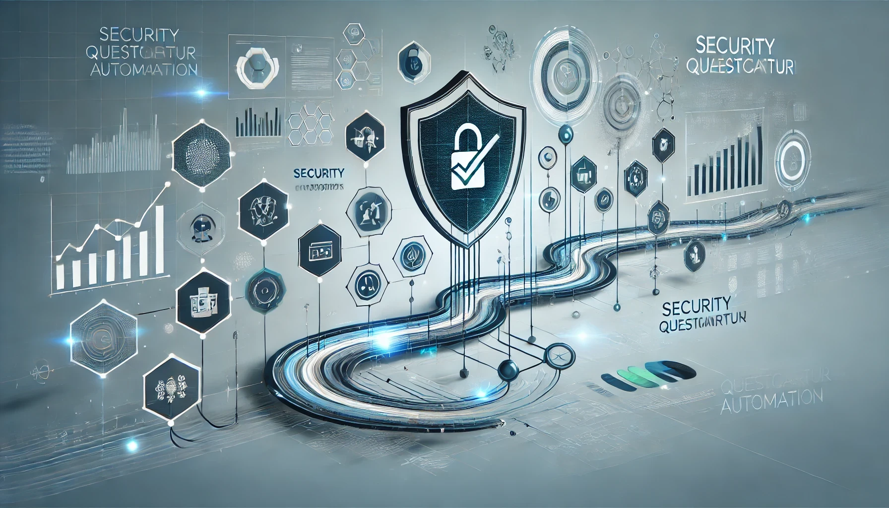 Illustration of security questionnaire automation with security icons, automated workflows, and metrics graphs.