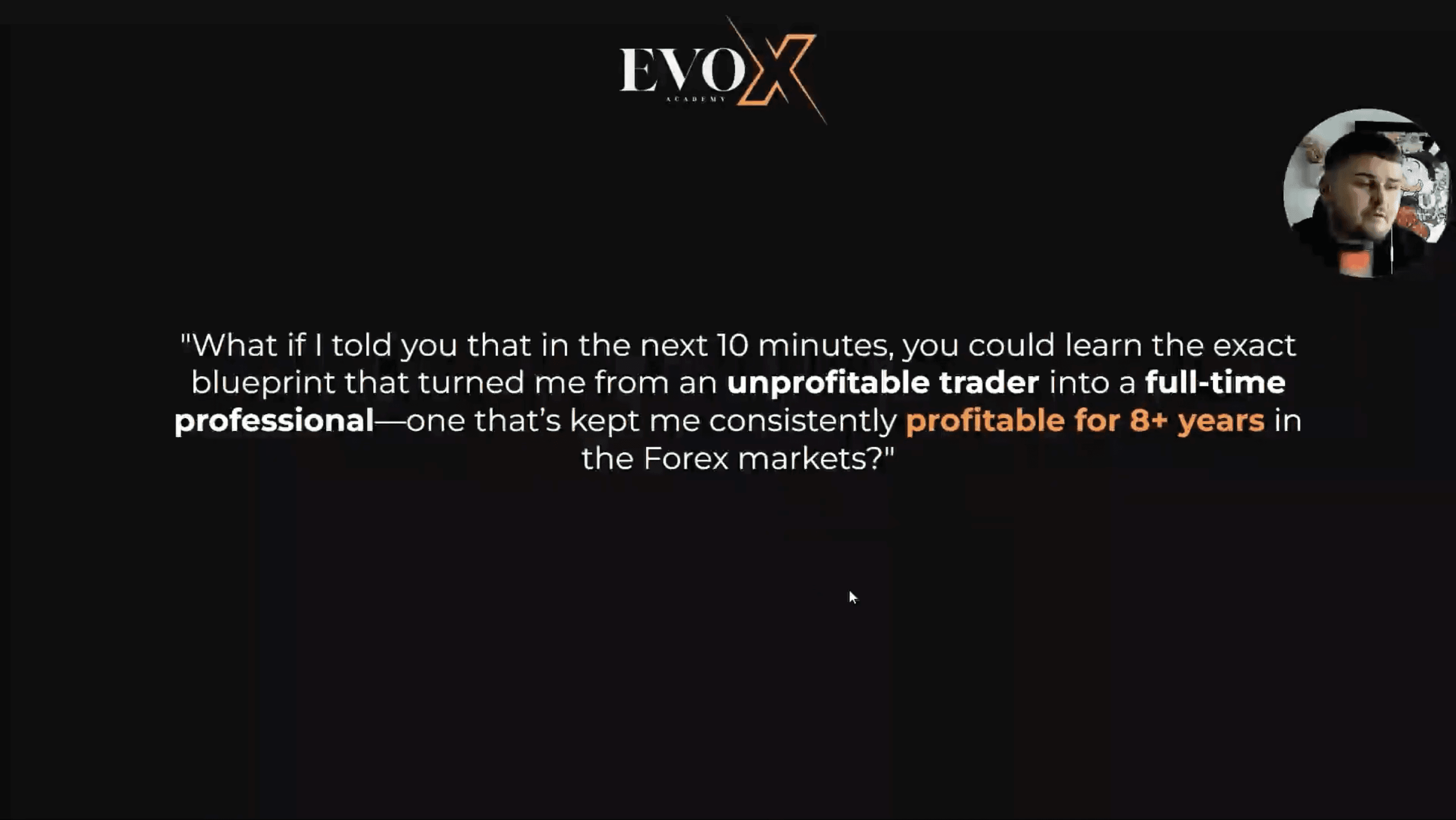 Evo X Academy free masterclass preview screen with text inviting users to fill out the form to access trading education session