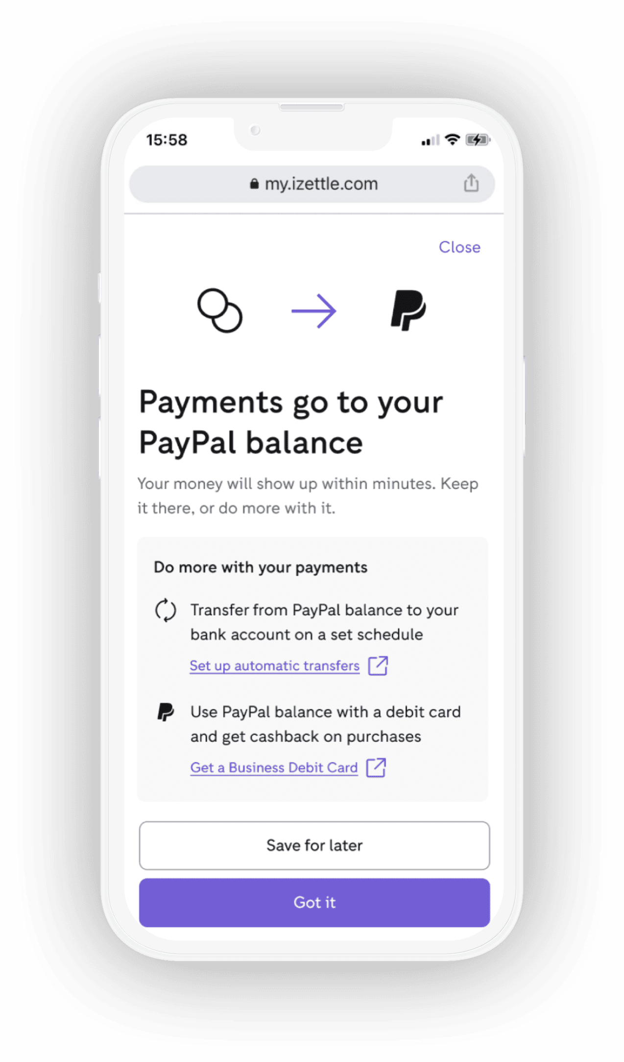 iPhone mockup of Payments to your PayPal balance