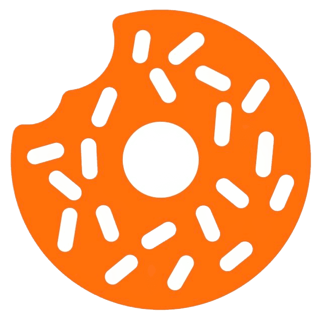 Dunkin’s iconic orange donut logo with a bite taken out and white sprinkles, symbolizing the brand’s focus on sweet treats and indulgence.