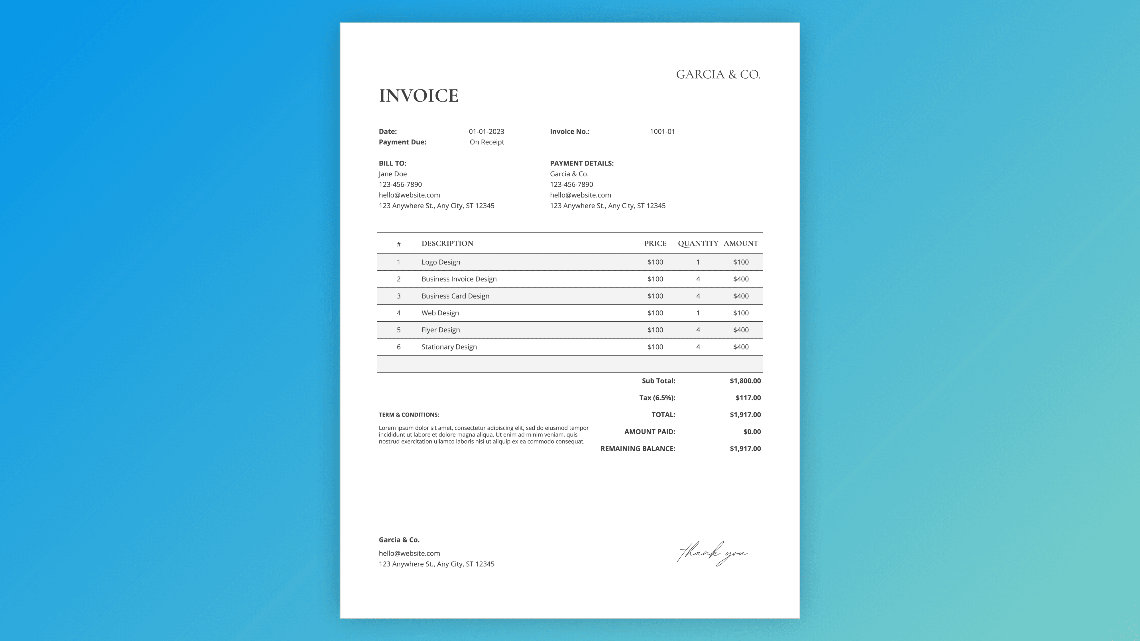 Clean invoice template – itemized services, price, quantity, total, subtotal, tax, payment terms, amount paid, remaining balance, and thank you note