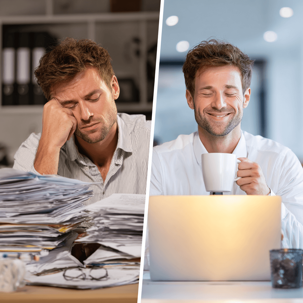 Gestresster Mann vor Papierstapeln links und entspannter Mann mit Laptop und Kaffeetasse rechts.