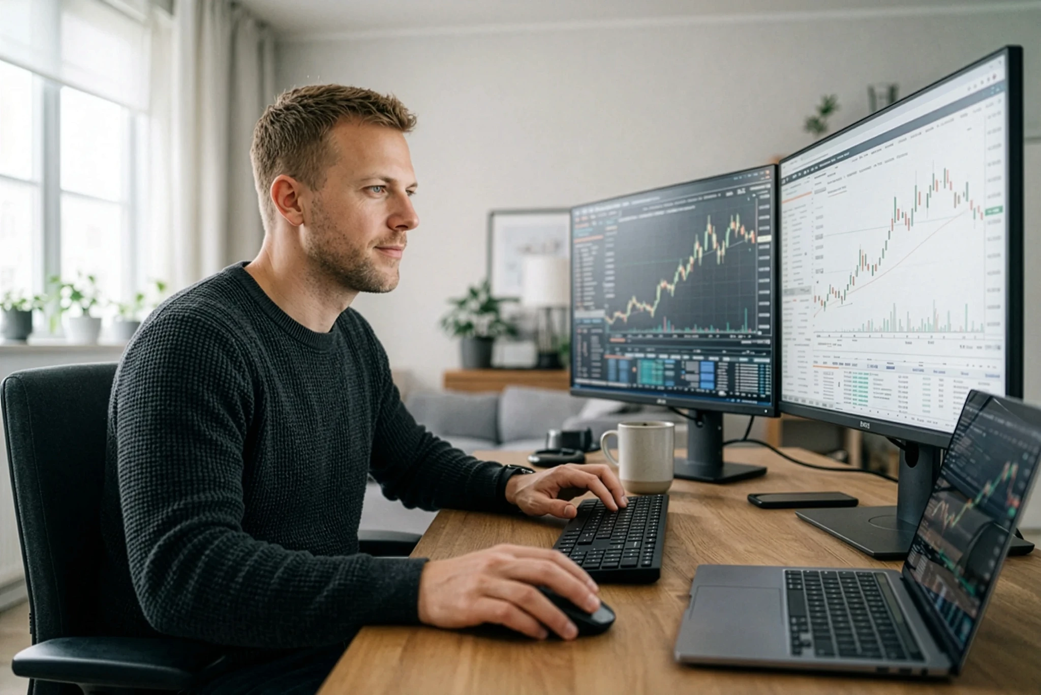 Daytrader arbetar fokuserat vid dator med grafer och marknadsdata under aktiv handelsdag