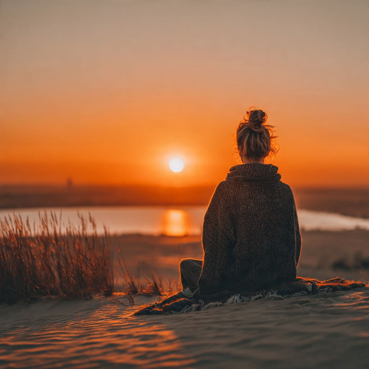 A person sits on a blanket overlooking a tranquil sunset by a lake, surrounded by sand dunes and grass, evoking a peaceful, contemplative mood.