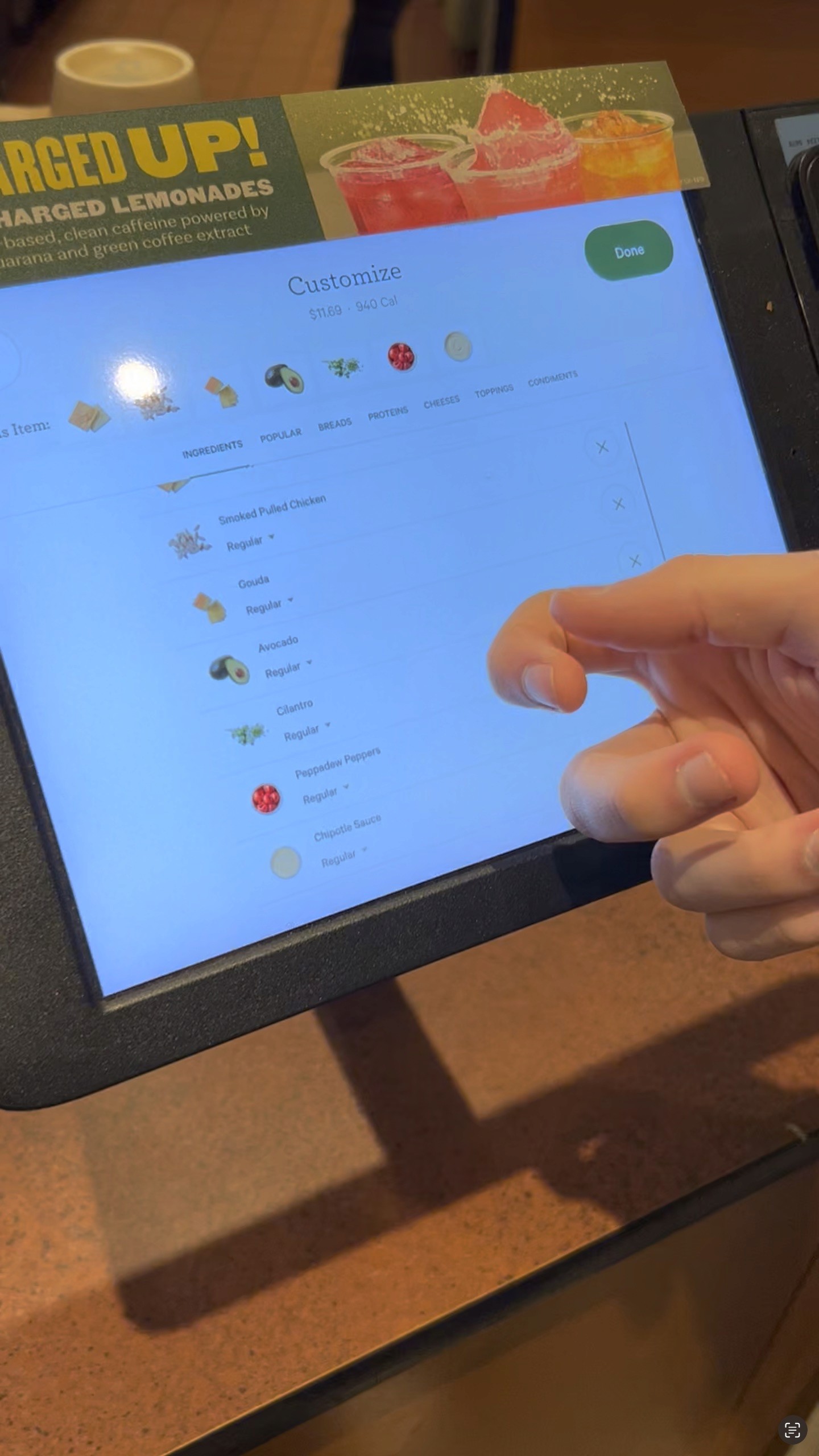 Item customization interface of the Panera kiosk.