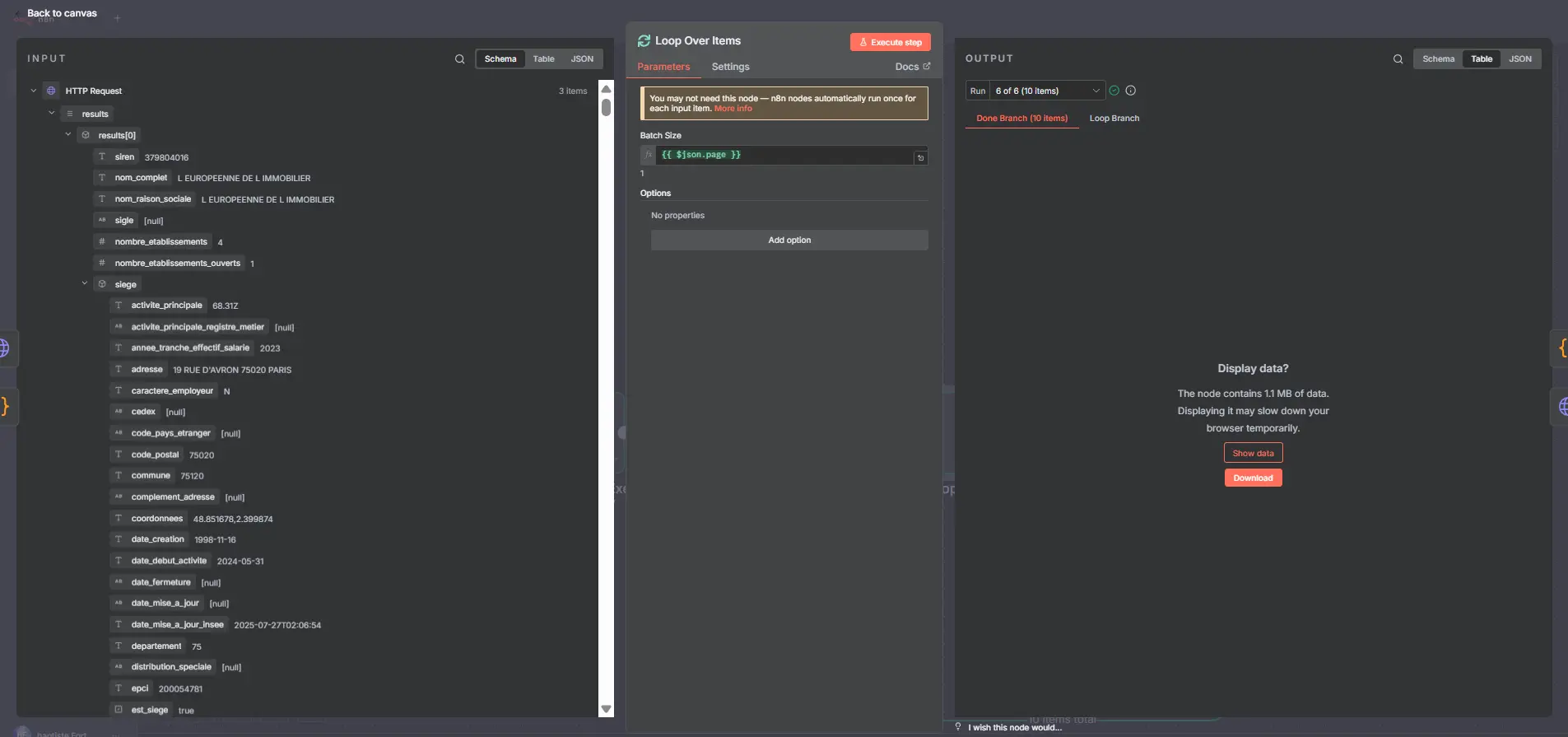 Exécution d’une boucle qui envoie chaque numéro de page dans la suite du workflow. Un passage indispensable pour parcourir toutes les pages de l’API.