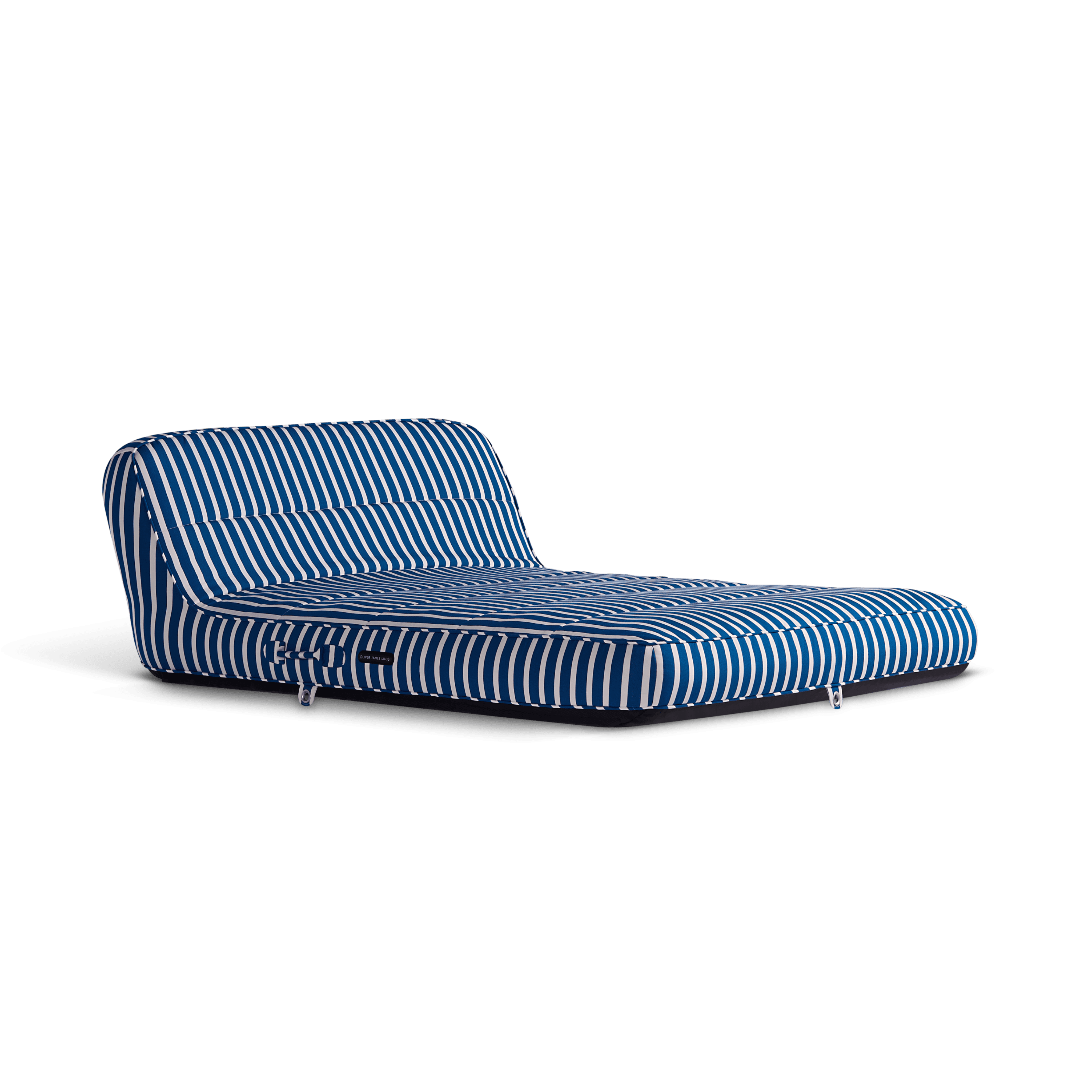 Luxury double pool float in blue-and-white stripe canvas with raised headrest and jet-black base