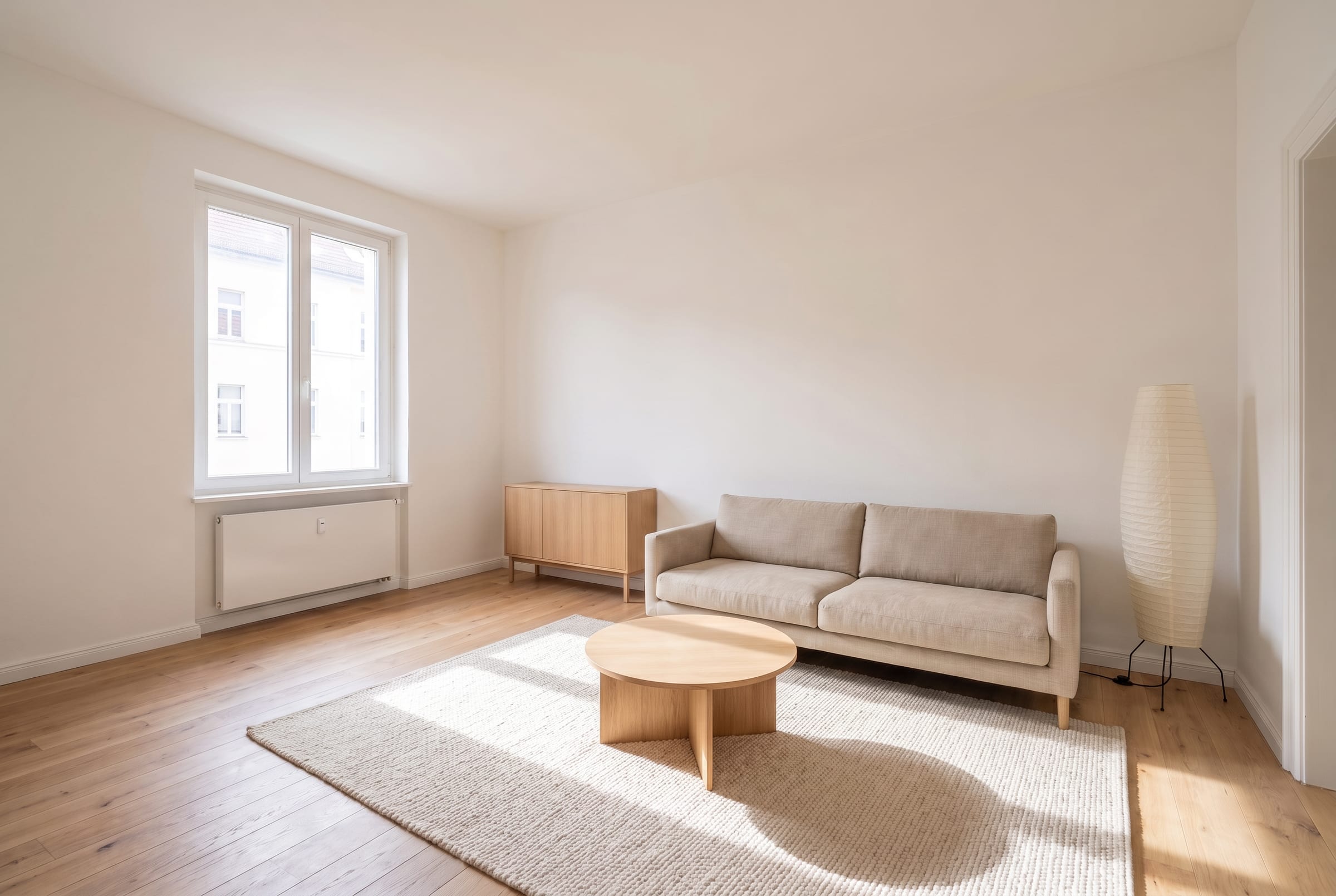Schlicht eingerichtetes Wohnzimmer ohne Deko: helles Sofa, runder Holztisch auf großem Wollteppich, niedrige Holzkommode und Papier-Stehleuchte, viel freie Bodenfläche