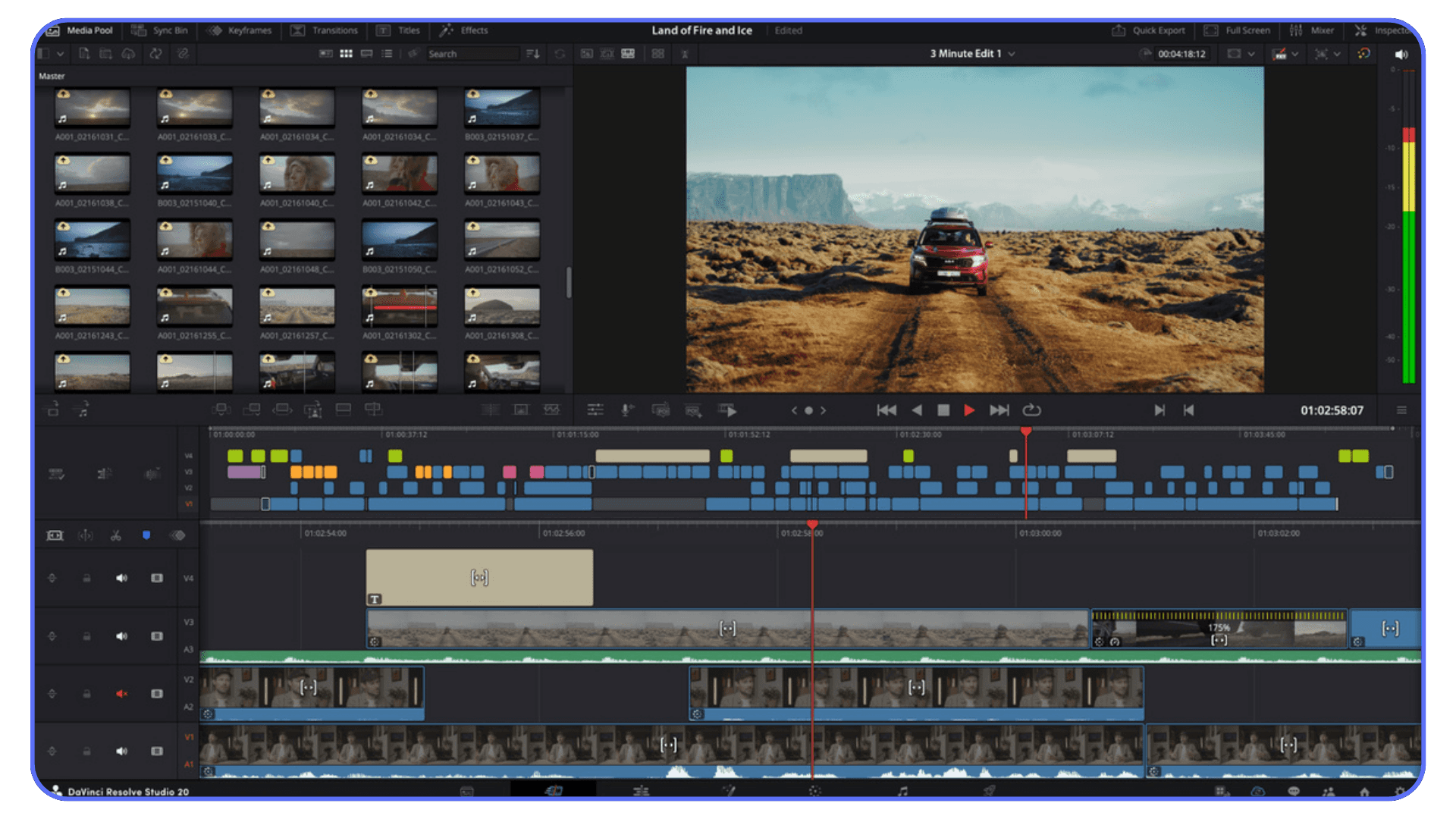 DaVinci Resolve timeline showing a color-graded shot of a red SUV driving through a rocky landscape, with multiple tracks and edits visible.