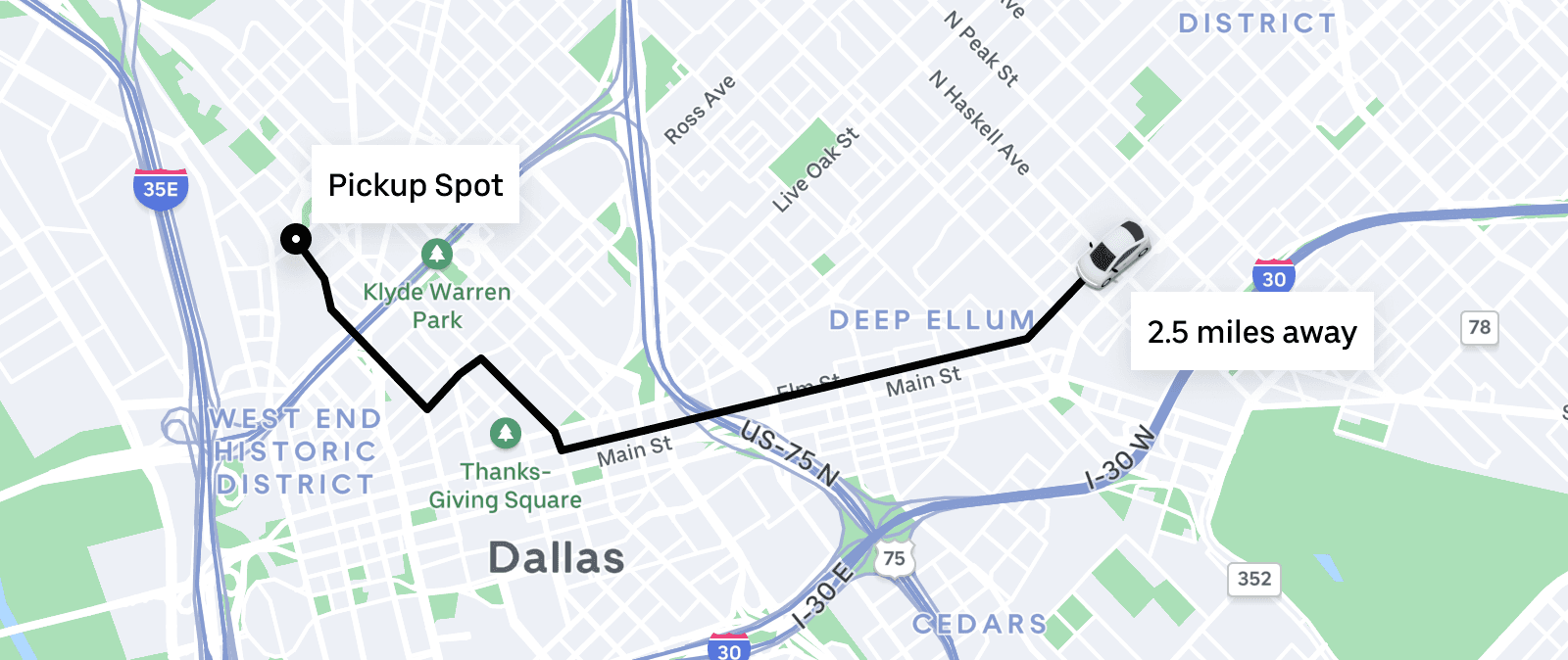 Map showing a route from a Pickup Spot in West End Historic District, Dallas to a location 2.5 miles away in Deep Ellum. Image source is from Baseweb.design's Blog.