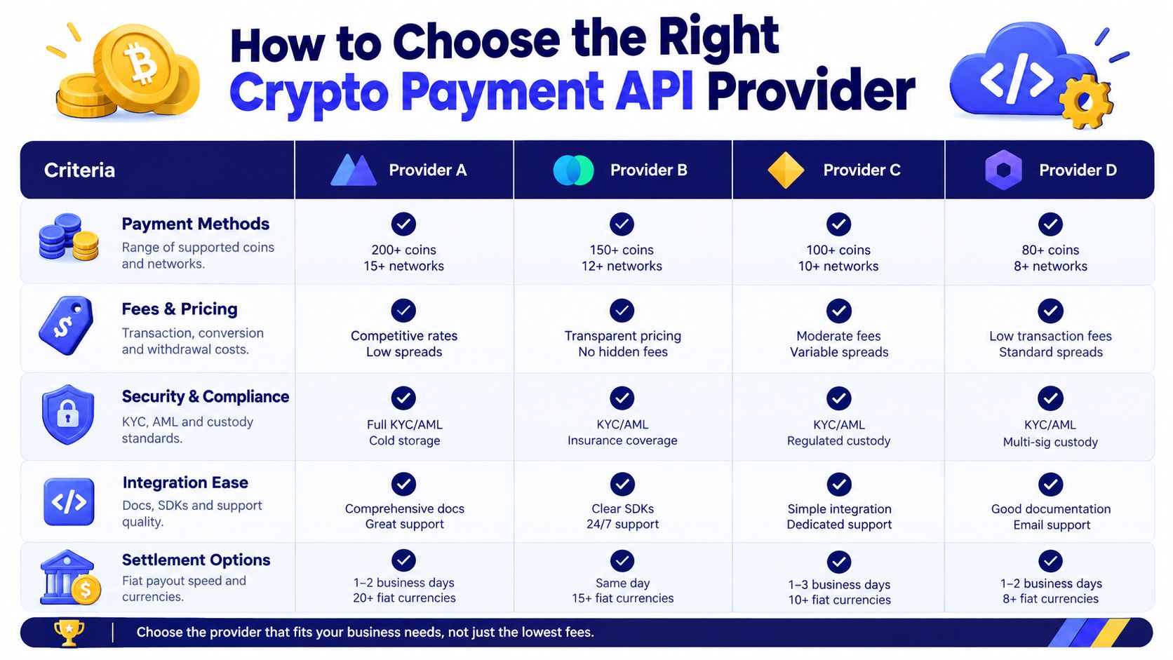 A comparison chart showing features and criteria for choosing the right crypto payment API service provider.