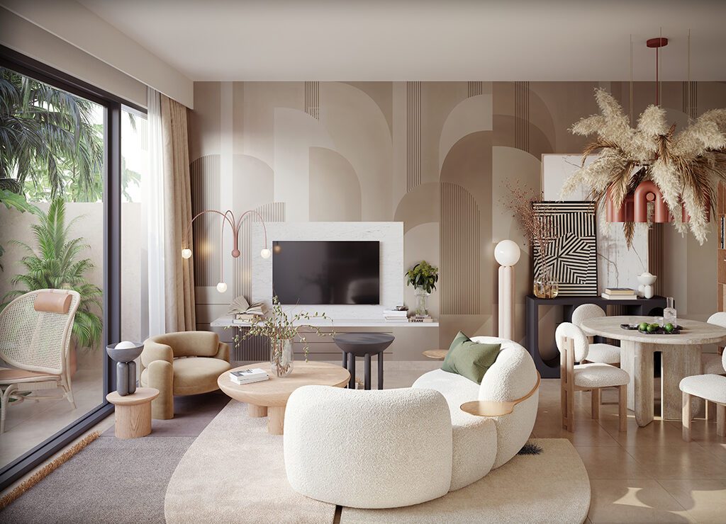 Contemporary living room in Anya 2, Dubai, showcasing a spacious layout with a large television.