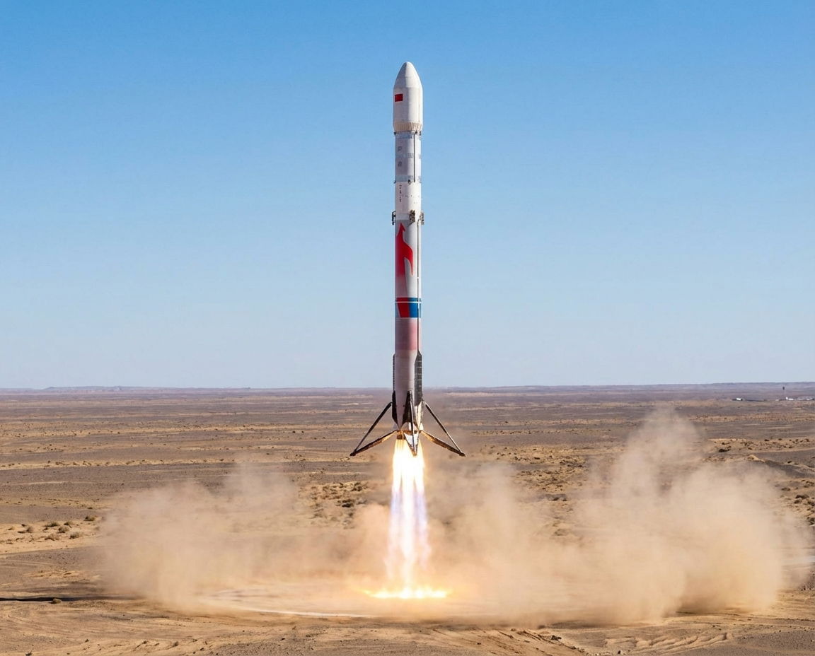 A reusable booster rocket descending toward Earth with landing legs extended.