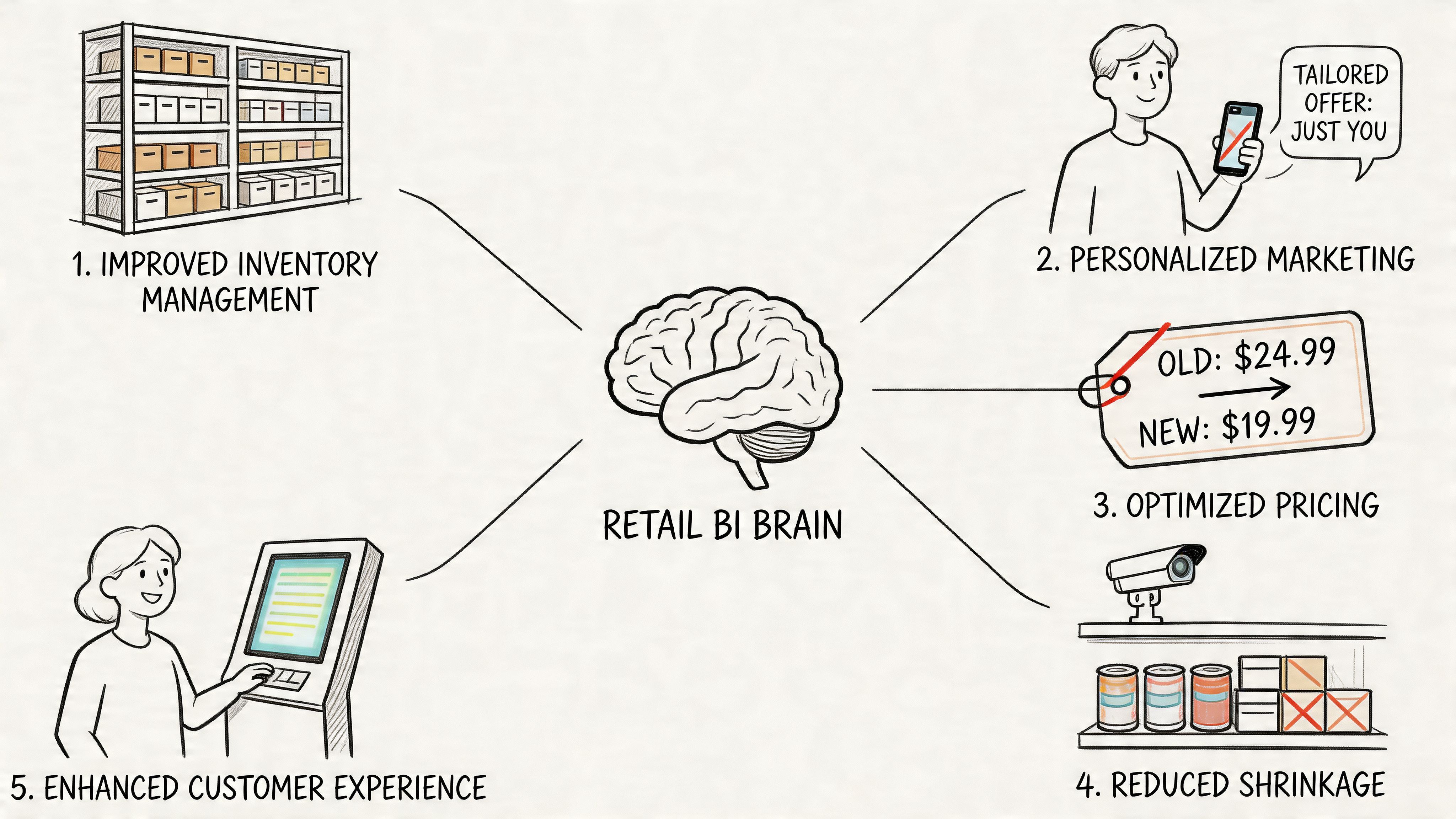 A diagram illustrating five key benefits of using business intelligence for retail operations including inventory, marketing, and pricing.