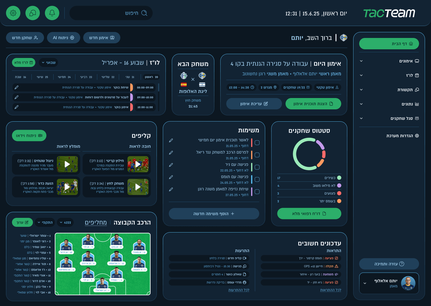 Dark mode football management dashboard with team analytics, match planning, player lineup, and performance tracking UI.