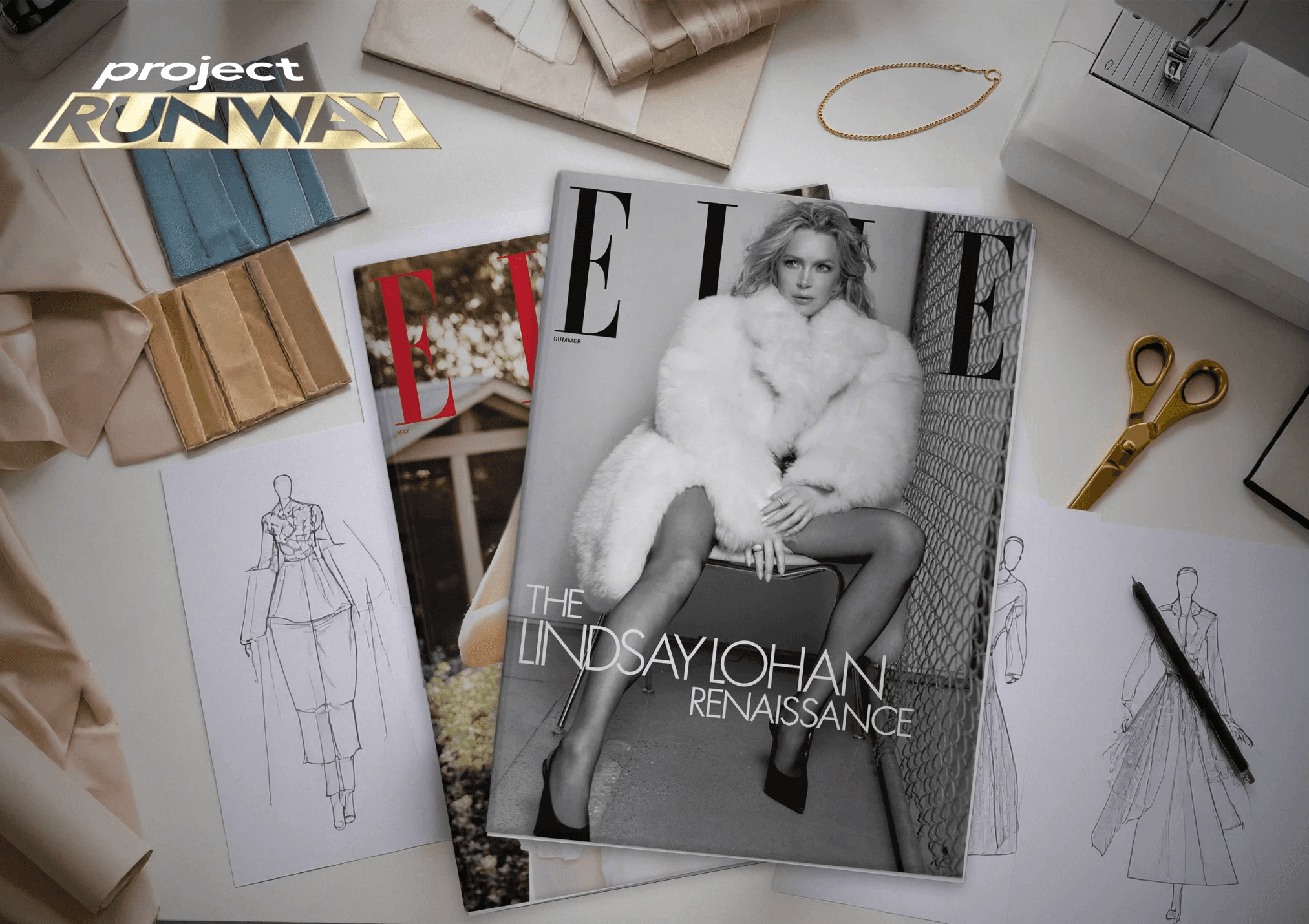 Elle magazine cover, fabric swatches, and fashion sketches