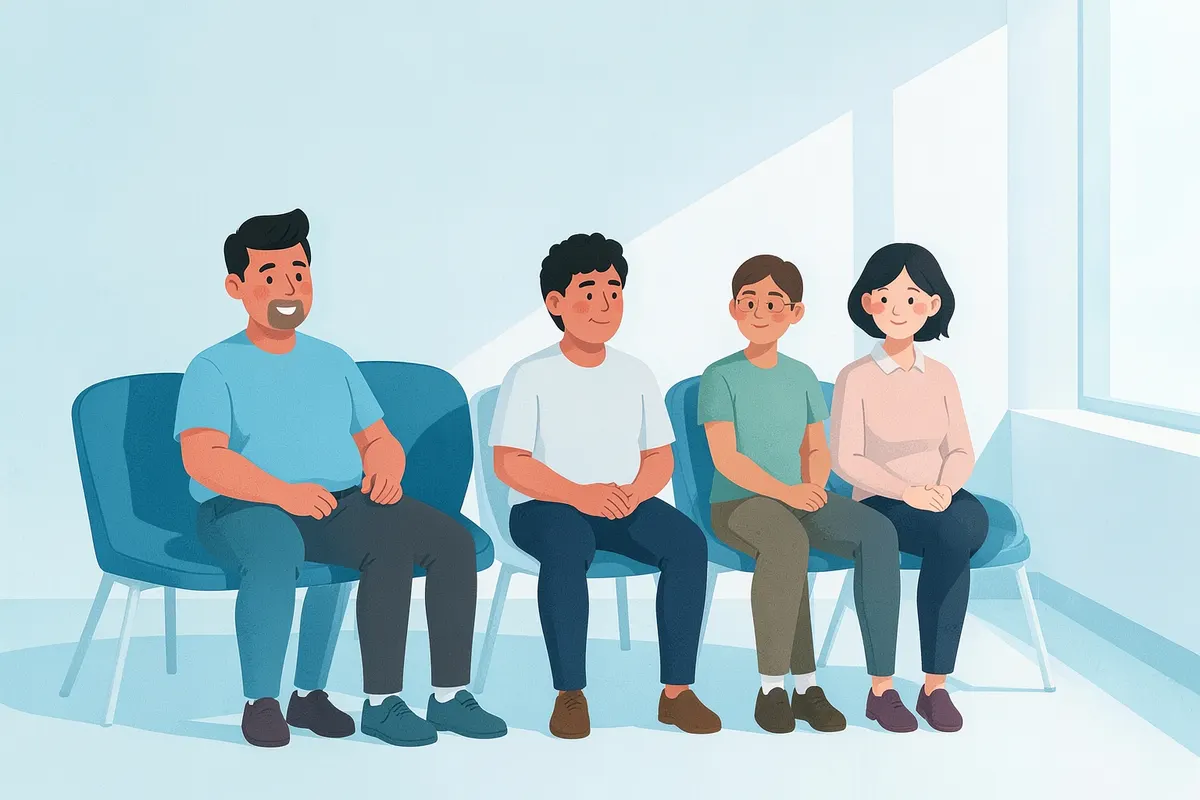 A diverse group of patients sitting in a clean and bright waiting room.