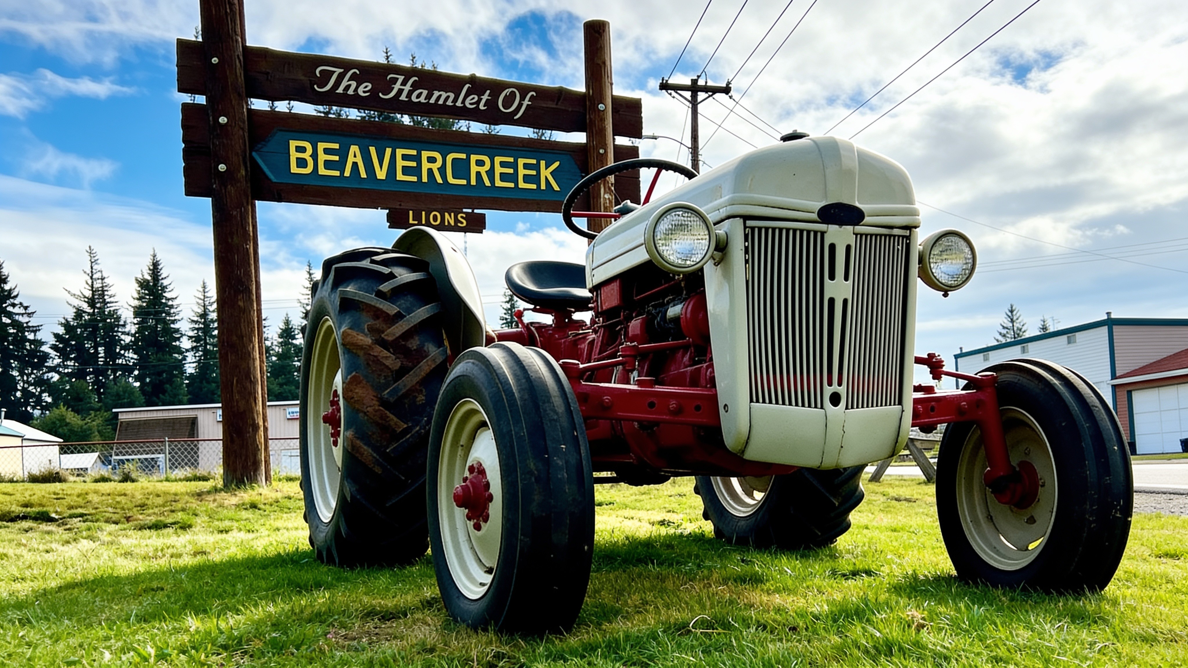 "The Hamlet of Beavercreek" sign with a vintage tractor in Beavercreek, Oregon — PowerLift Doors of Oregon home base