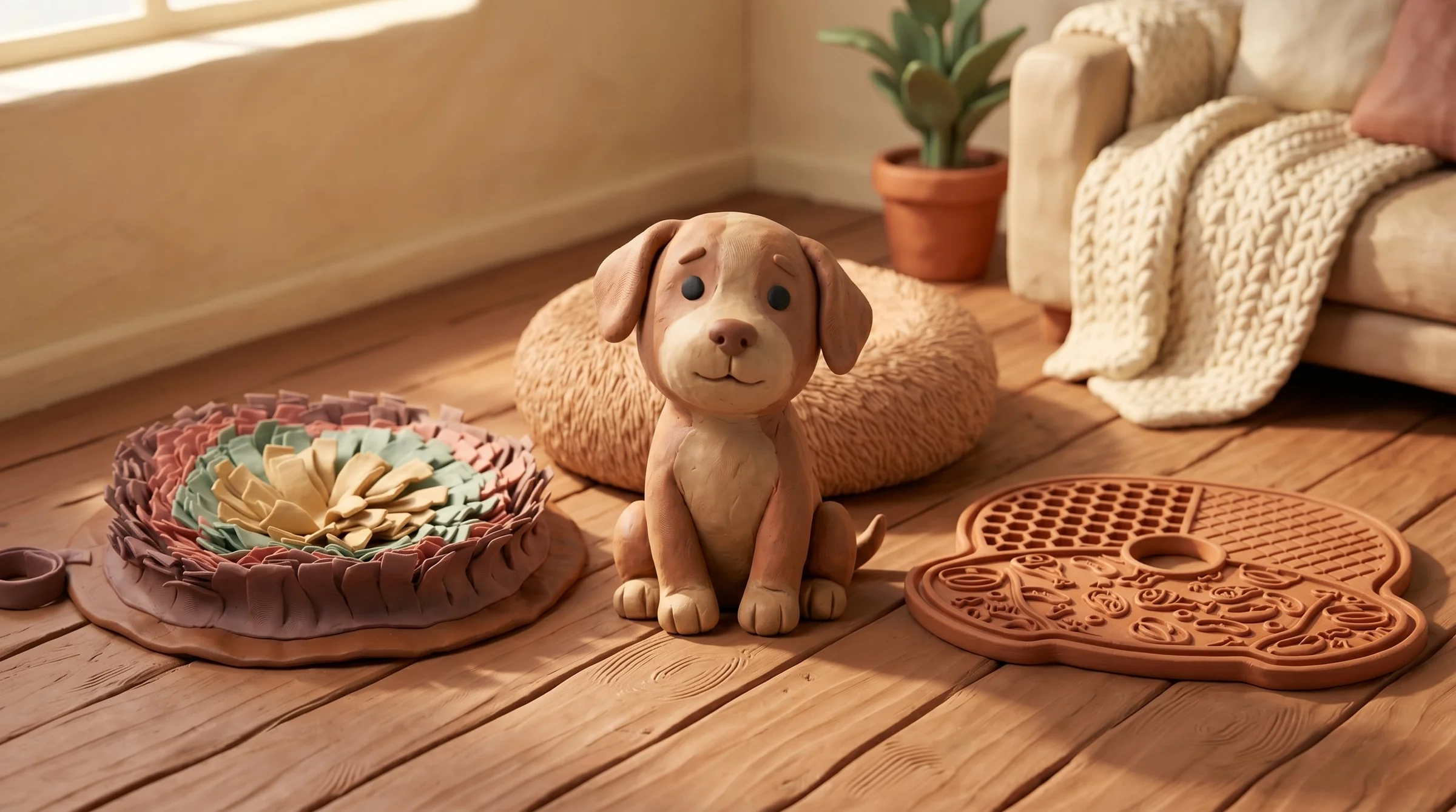Bean the claymation puppy sitting calmly in a warm home corner, surrounded by Nuvorie's three handcrafted clay products — a brown donut calming bed, a terracotta lick mat, and a soft rose-and-sage snuffle mat.