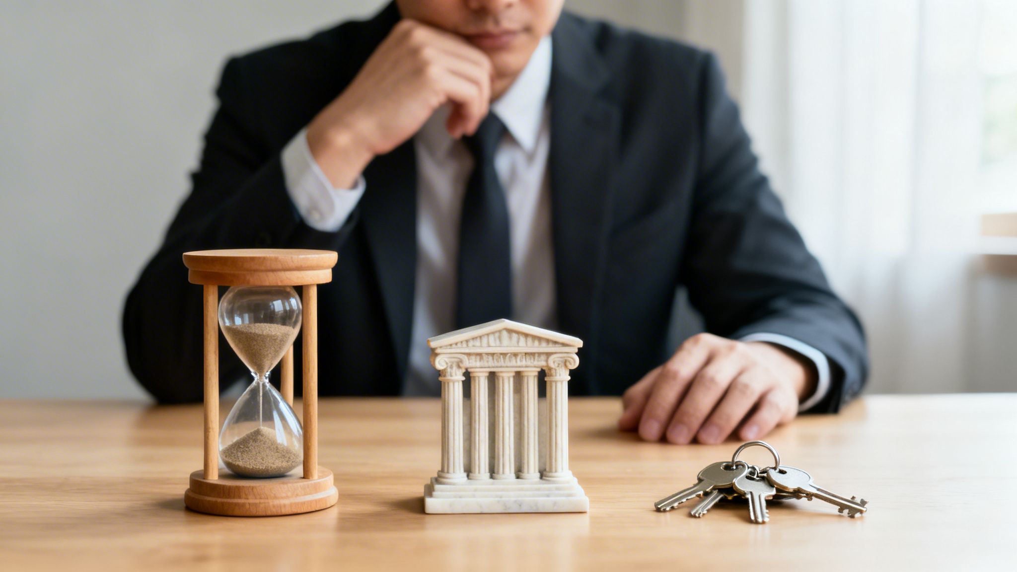 Liikemies miettii asioita tiimalasin, rakennusmallin ja avainten ääressä puupöydällä.