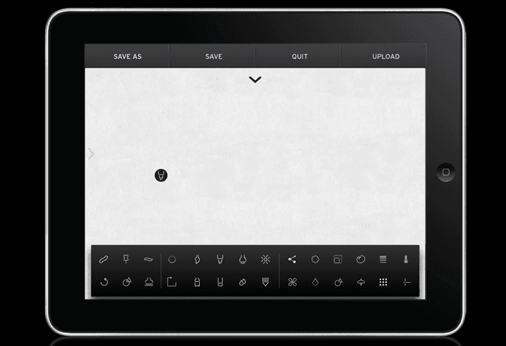 A tablet device displays a white screen with a central downward-pointing arrow. Above the arrow are three tabs: “SAVE AS,” “SAVE,” and “QUIT.” Below the arrow is a row of icons, including what appears to be a circle with a dot inside. Beneath the icons is a row of symbols and letters. The tablet’s bottom edge is visible, showing a black bezel.
