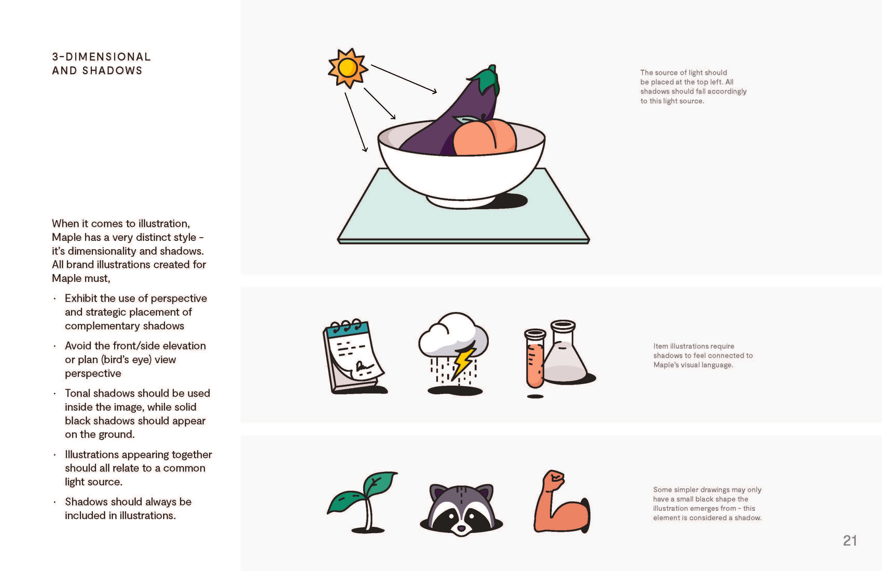 Guideline spread comparing three-dimensional and flat illustration styles, using a bowl of produce, spice jars, and a raccoon character as examples.