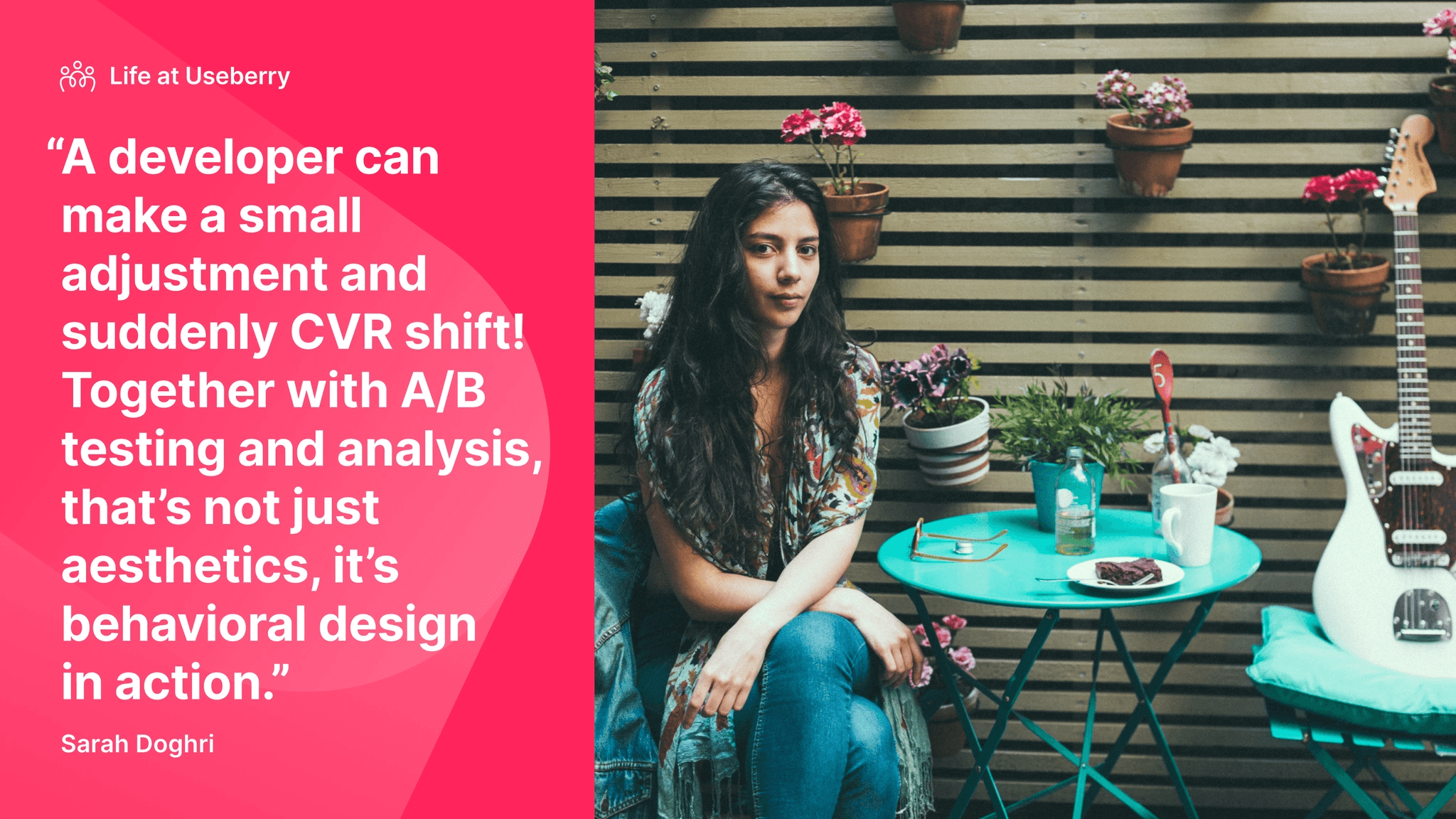 Image of Sarah Doghri from the Useberry dev team with a quote highlighting one of his answers to an interview in our life at useberry series.