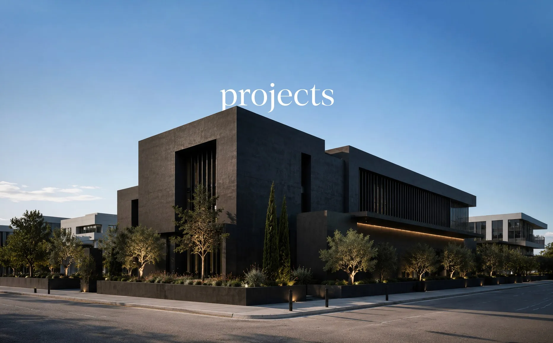 Hero image of a dark building with a “projects” text
