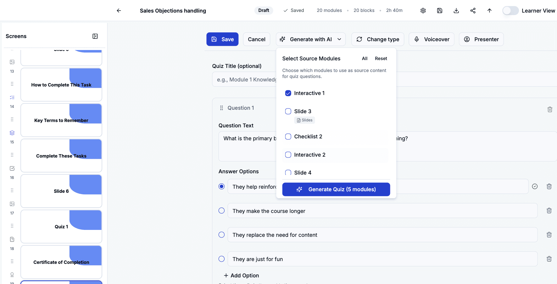 Add 'Checklist 2' to ensure the quiz covers all key learning points from your course.