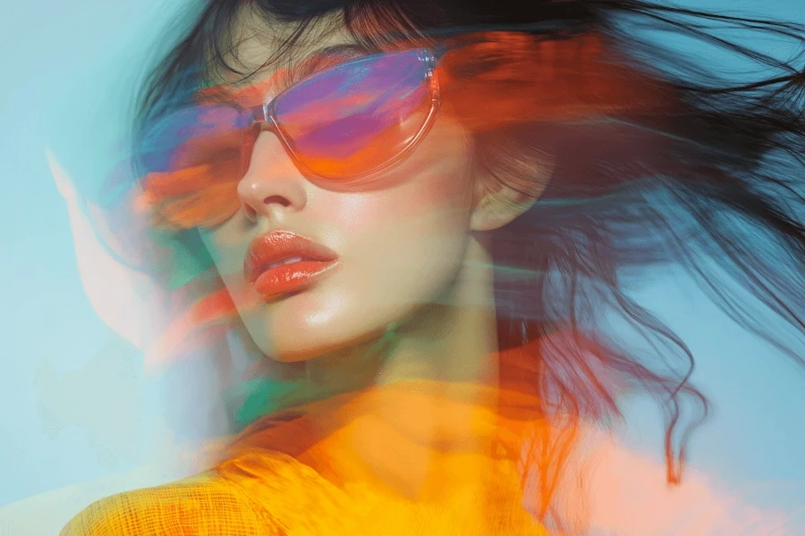 A dreamy, soft-focus portrait featuring vibrant orange and blue lighting flares over a person's face.