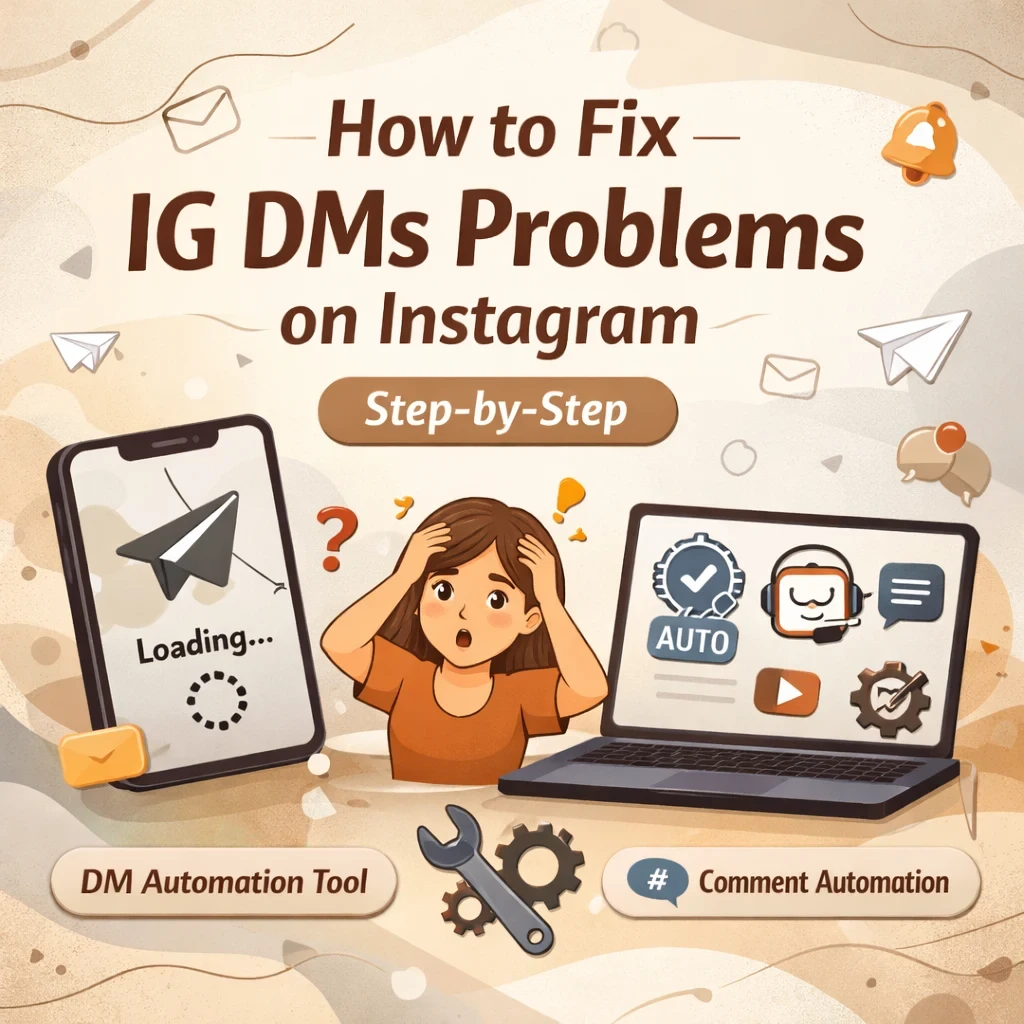 Illustration showing how to fix Instagram DM problems, with a smartphone stuck loading messages, automation tools, and step-by-step troubleshooting visuals on a modern beige background.