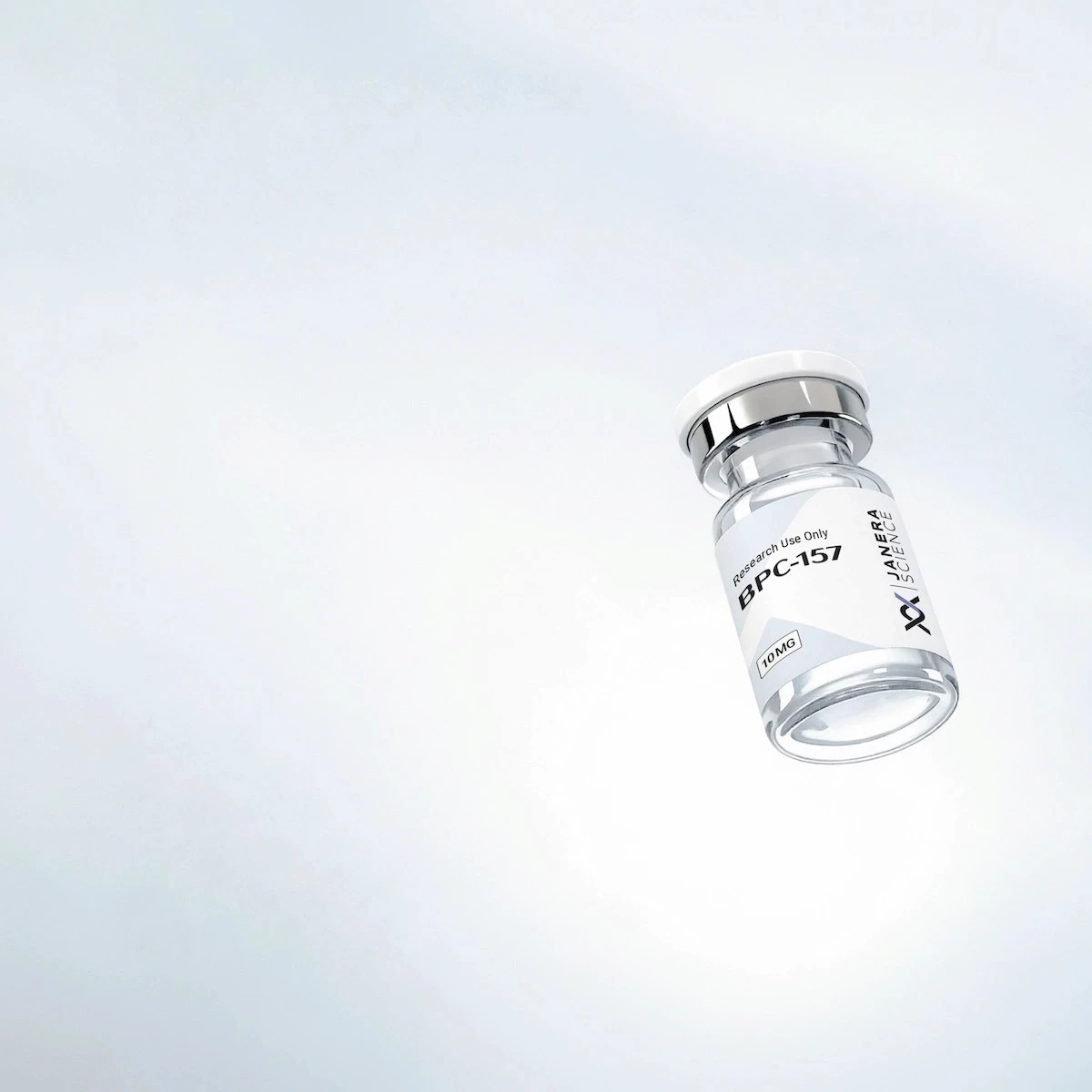Single Janera Science BPC-157 10mg research peptide vial with white stopper and chrome crimp cap, floating against a soft light gray gradient background. For laboratory research use only.