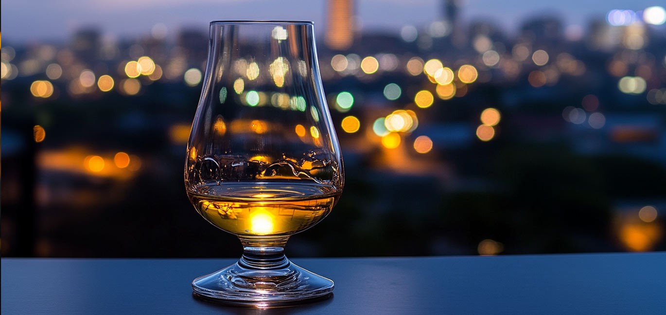 whiskey tasting with glass with johannesburg skyline in background