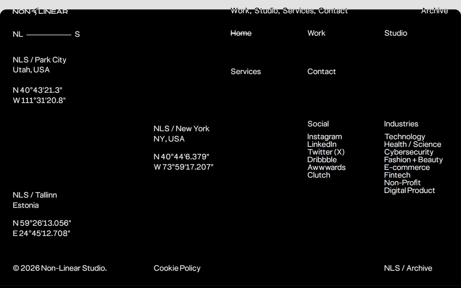 Black background with white text: "NON-LINEAR," menu links: "Home," "Work," "Services," "Contact." Location coordinates and social media links.