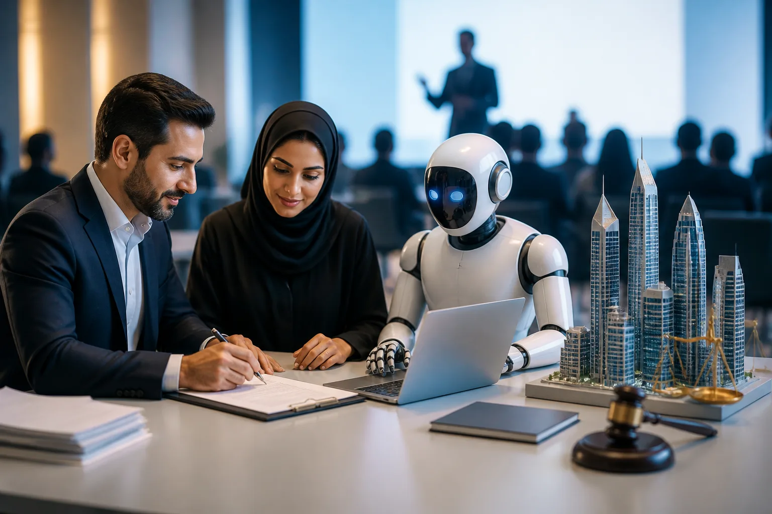AI Company Setup in Dubai beside a Dubai trade license document and a modern office