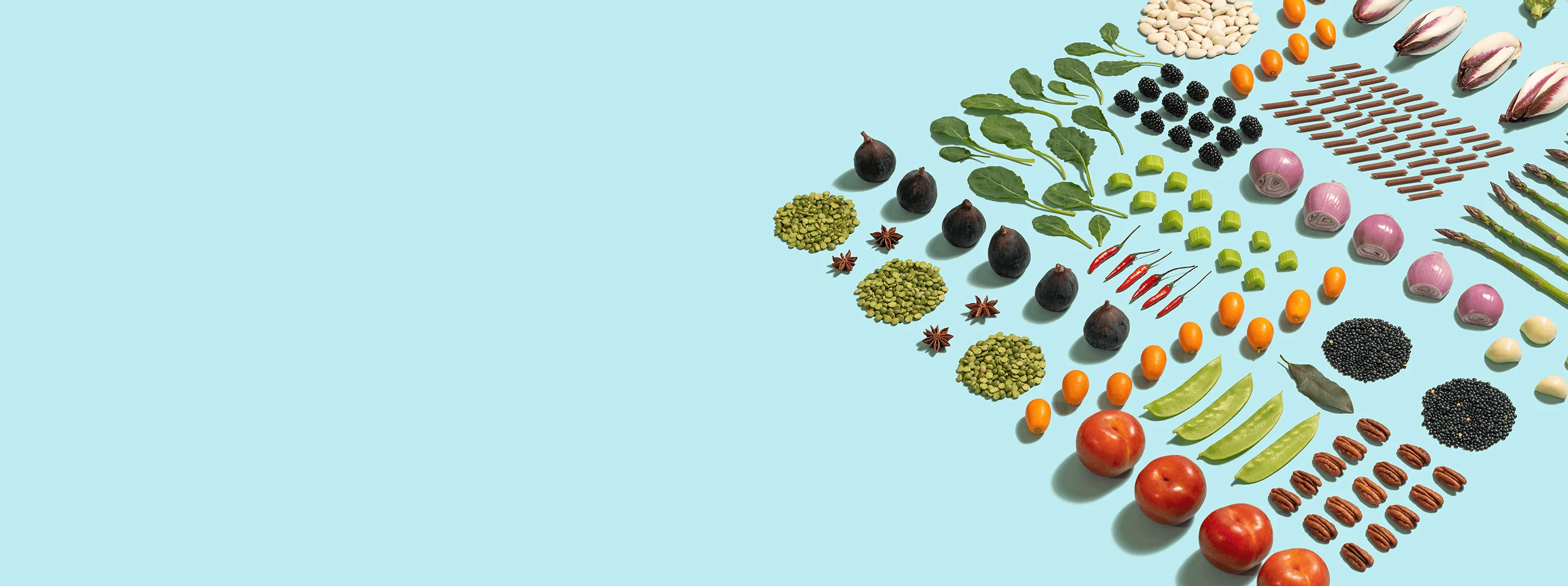 Various types of vegetables are arranged to look like farmland and/or a circuit board on a light blue background.