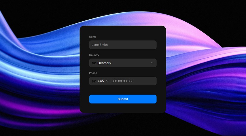 Contact form overlay on a black background with purple waves.