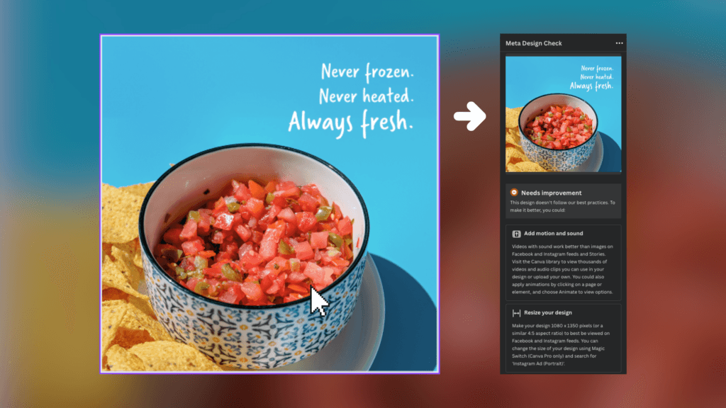 Side-by-side image showing the Meta Design Check pop-up window checking the design for improvements.