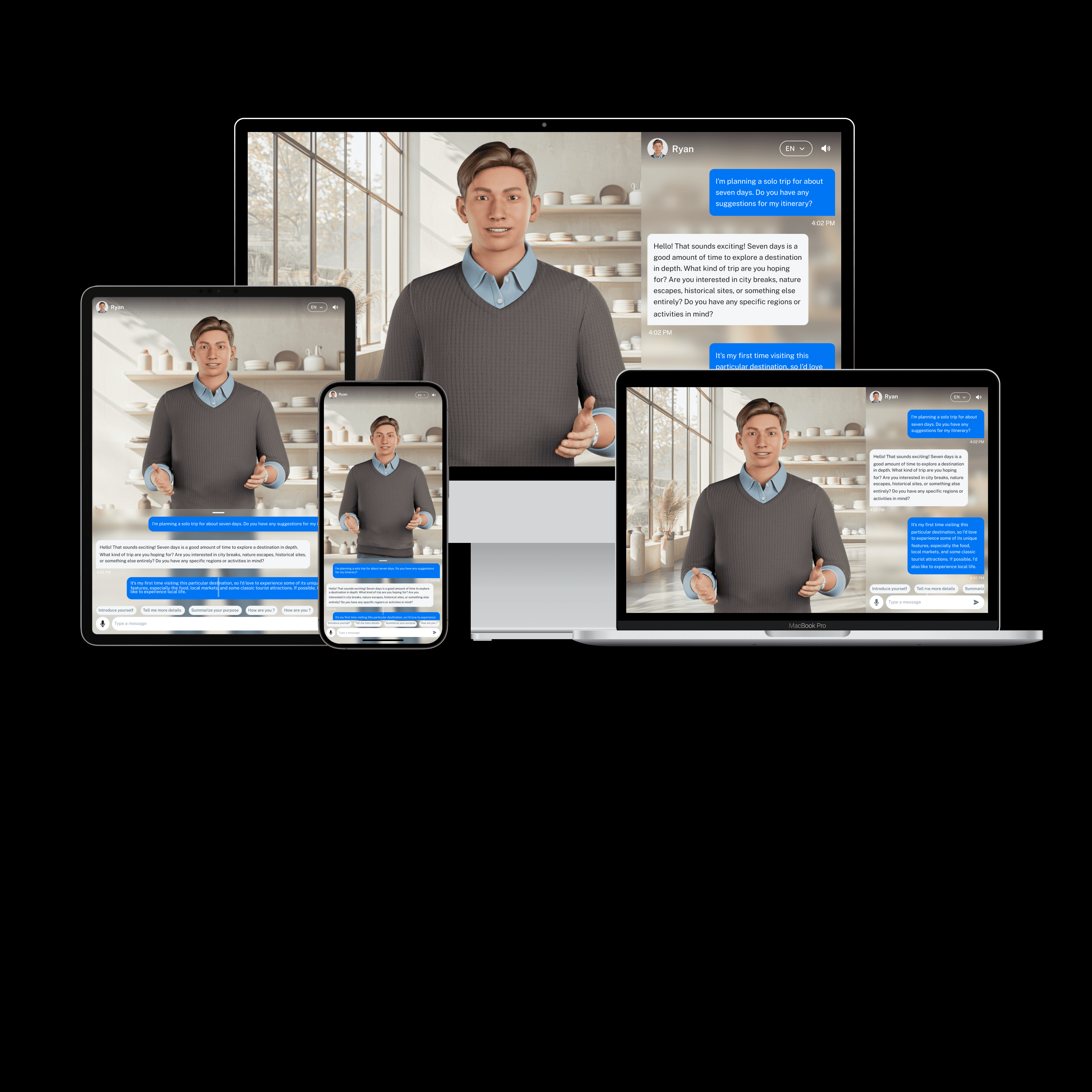 Perxona AI's lightweight and scalable 3D avatar solution running seamlessly across desktop, tablet, and mobile devices.