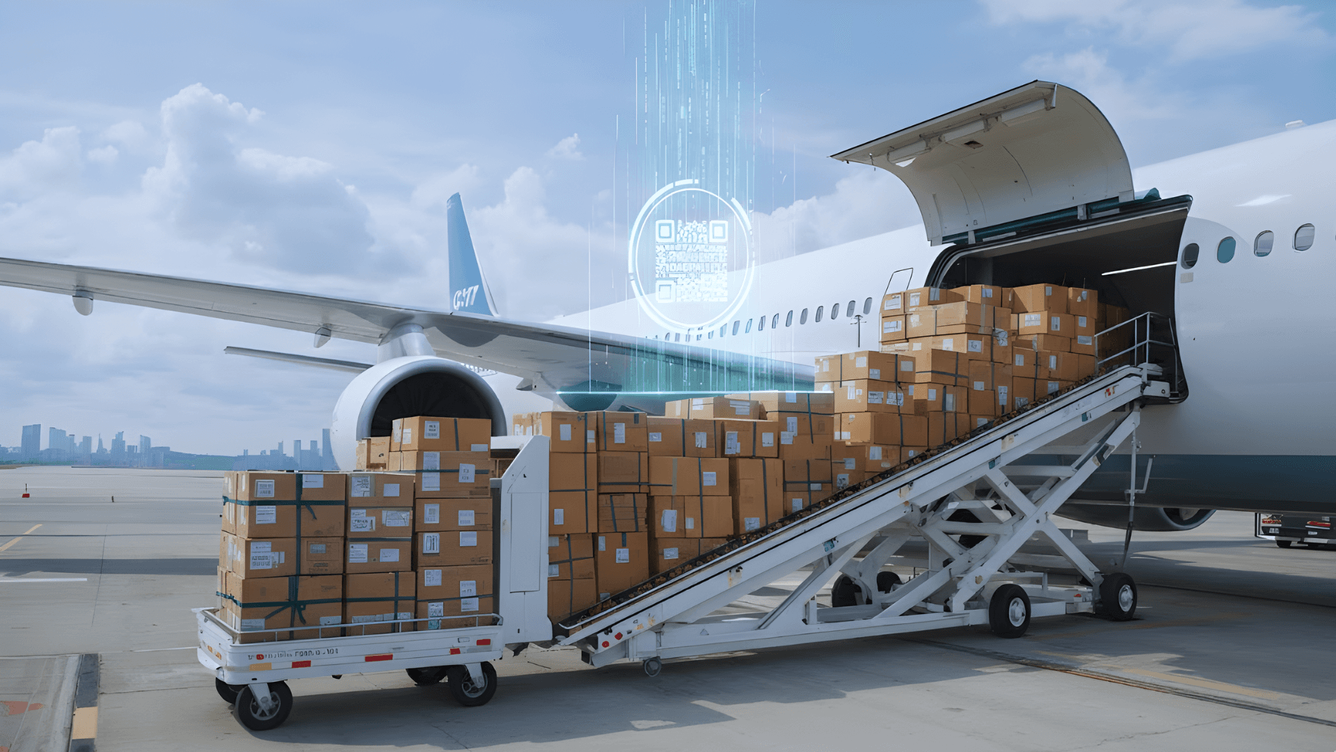 Avrupa Birliği ihracat sevkiyatı üzerinde yükselen Dijital Ürün Pasaportu (DPP) QR kod hologramı ve lojistik operasyonu.